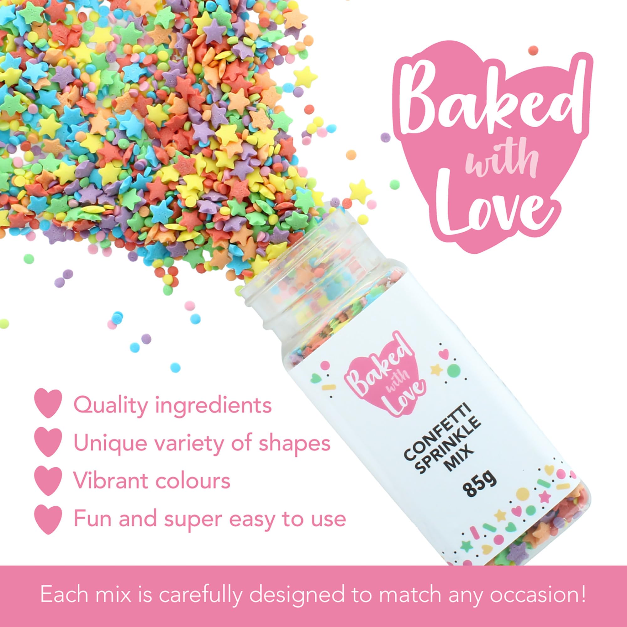 Baked with Love Confetti Bright Sprinkles - Multi-Coloured Sugar Shapes | 85g Resealable Bottle