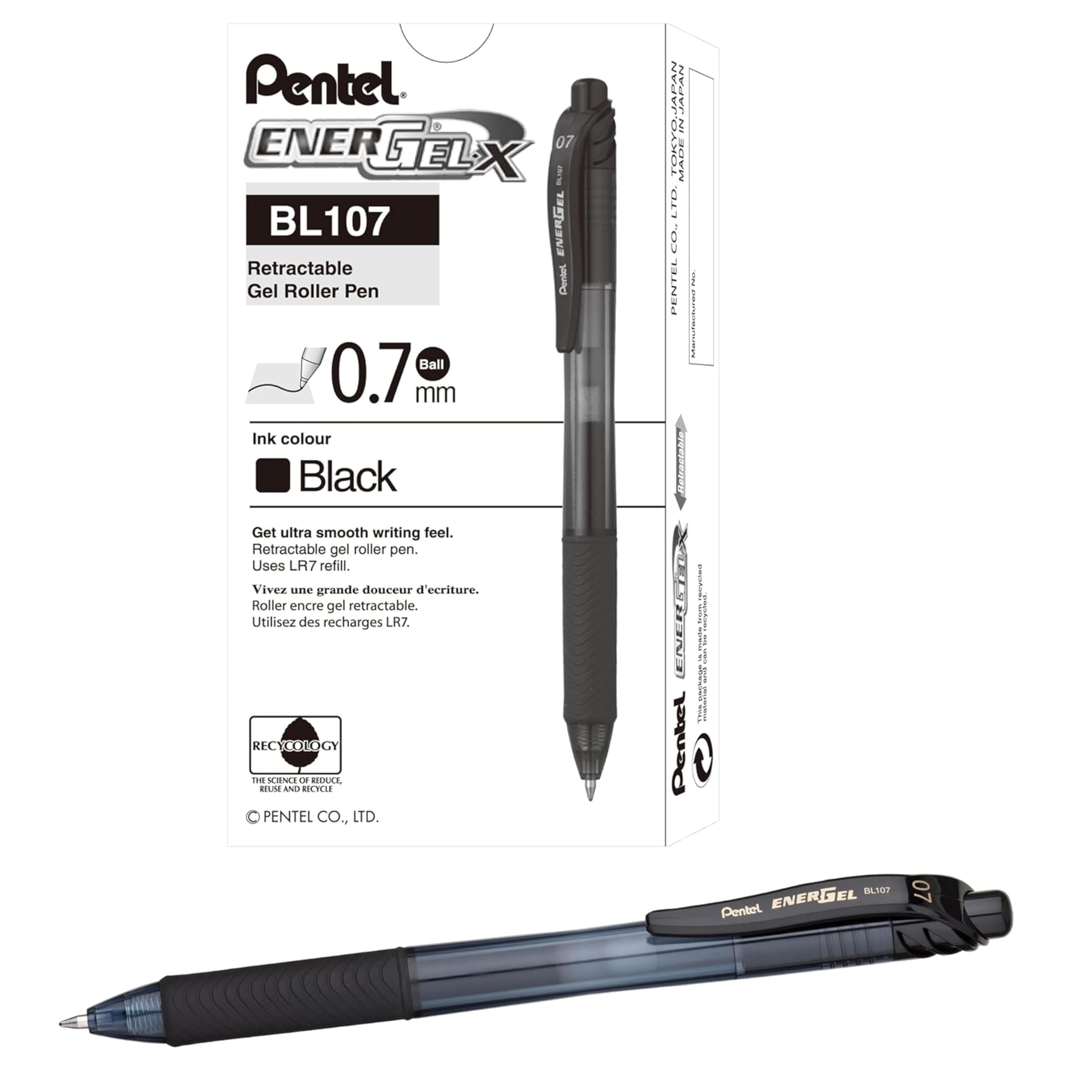 Pentel EnerGel-X Retractable Gel Ink Rollerball Pen - 0.7mm Fine/Medium Tip, Black Ink, Pack of 12