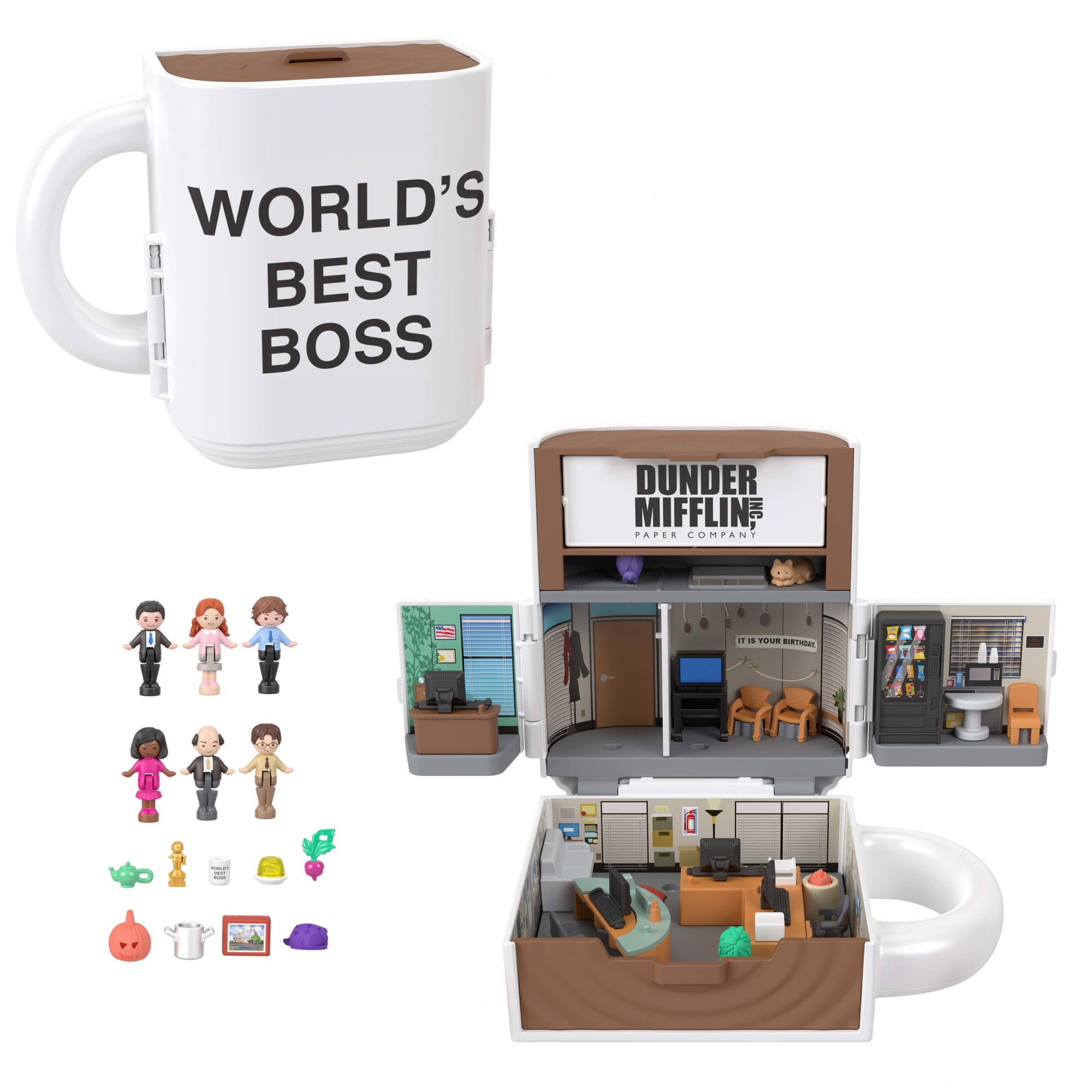Polly Pocket x The Office Compact Playset with 6 Character Dolls and 9 Accessories