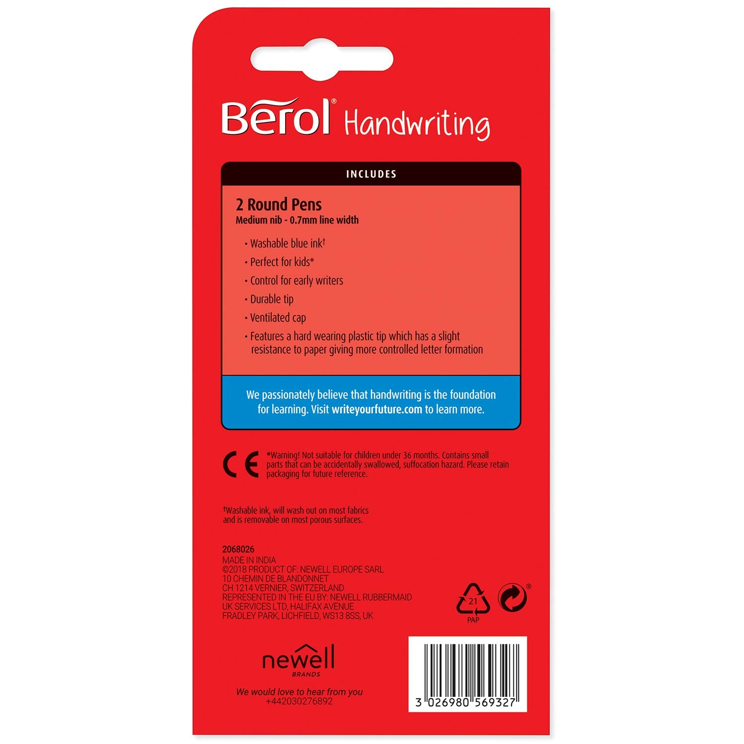 Berol Handwriting Pens | Round Shape is Easy to Hold | Washable Blue Ink | Bright Barrels | 2 Count 5