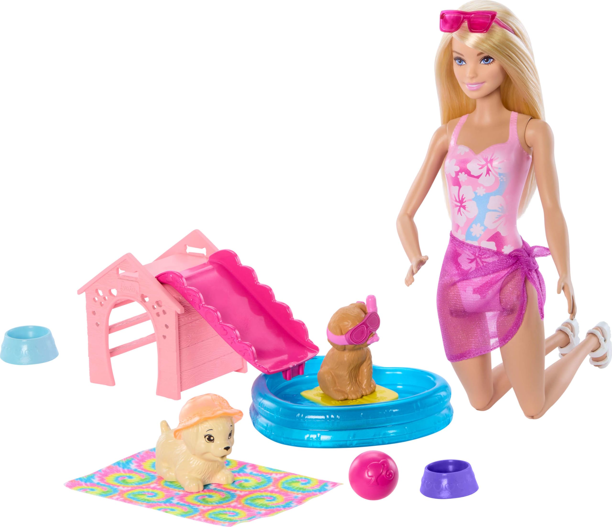 Barbie Puppy Pool Party Playset with Fashion Doll, 2 Pets, Doggy Slide & Color-Change Goggles