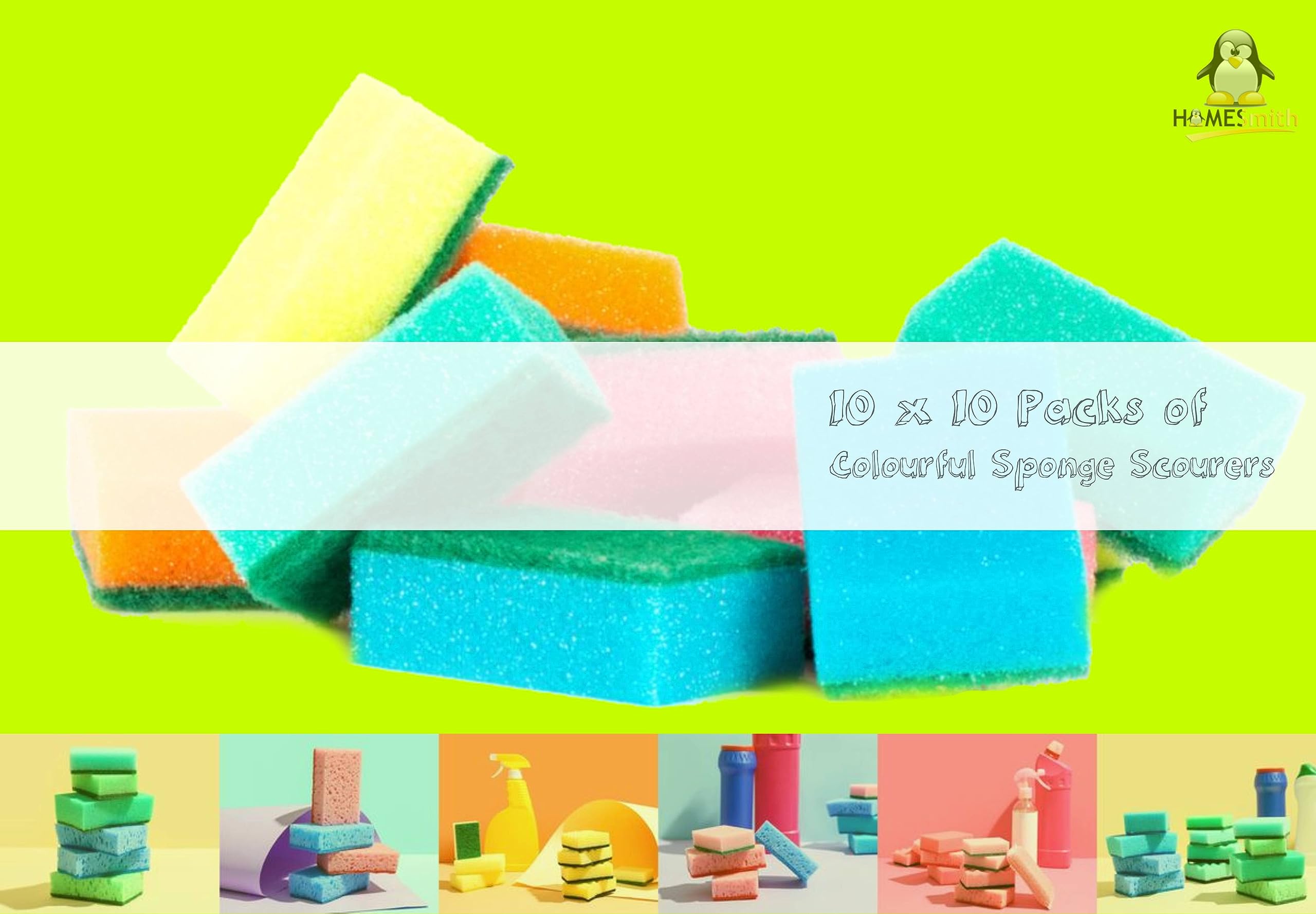 HomeSmith Dual-Sided Sponge Scourers - High-Density & Absorbent | Pack of 100 | Mix Colours