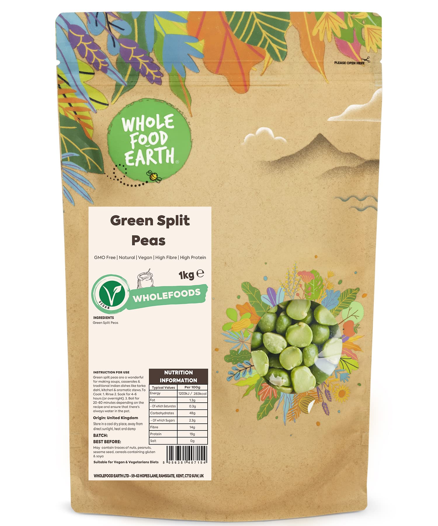 Wholefood Earth Green Split Peas - 1 kg Bag | High Fibre & Protein | GMO Free