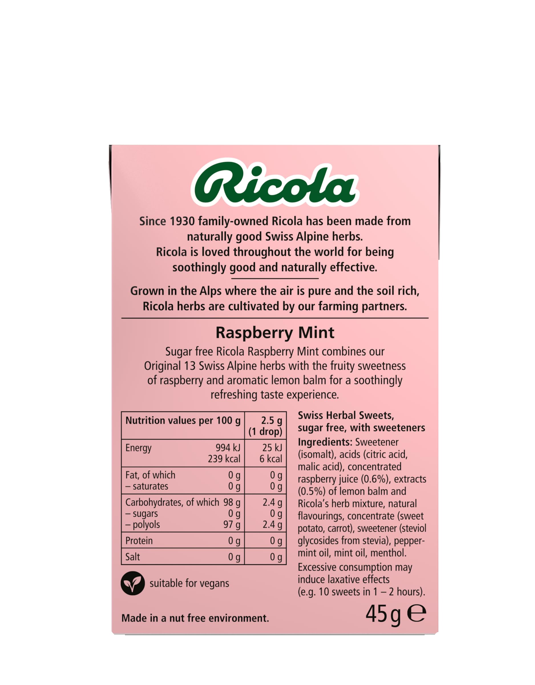 Ricola Himbeer-Minze-Kräuterbonbons ohne Zucker, 10er-Packung (je 45 g), gesüßt mit Stevia, vegan und koscher 4
