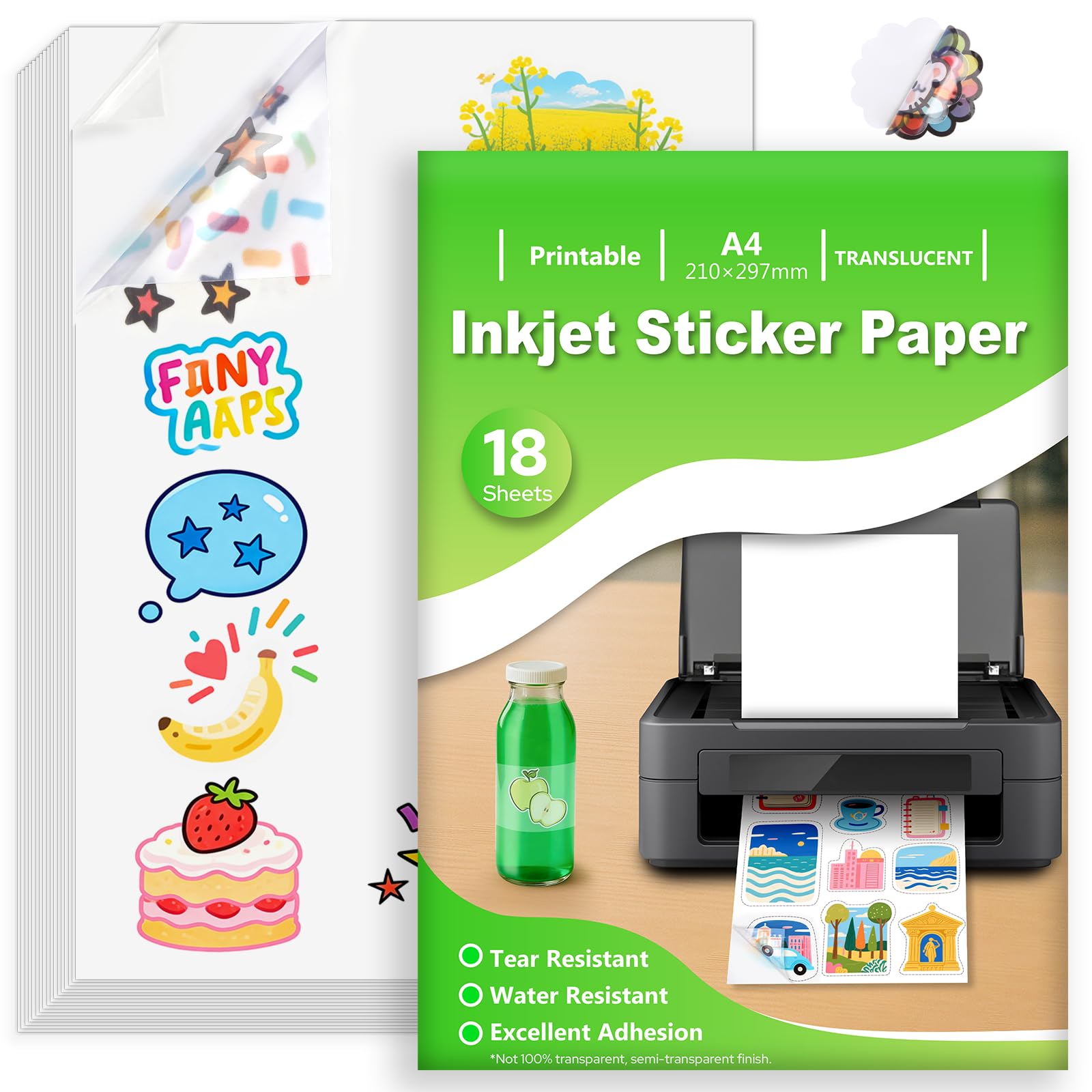 Euqvunn Inkjet Printer Paper - 18 Sheets A4 Translucent Waterproof Printable Vinyl Sticker Paper