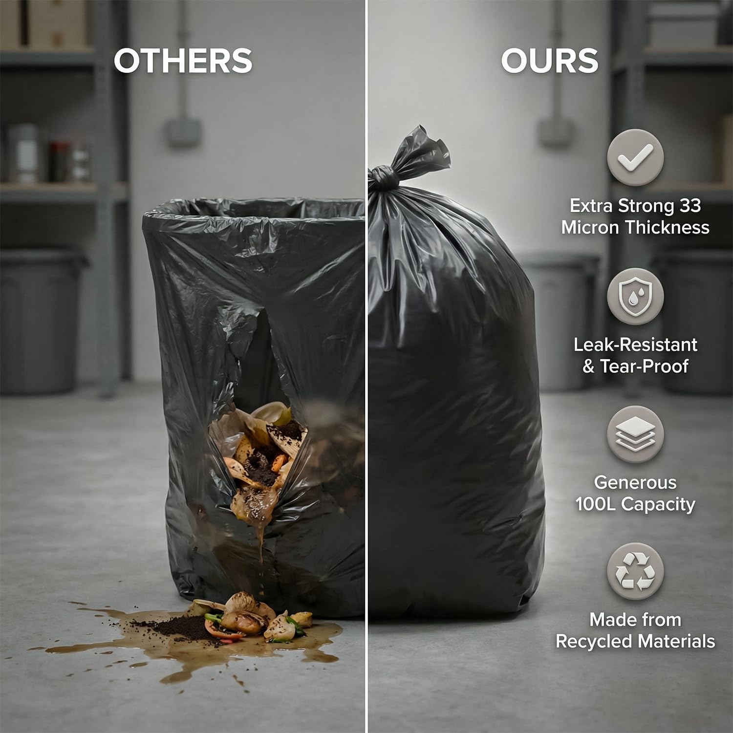 Roe Tenpo Heavy Duty Black Bin Bags - 100L Capacity, 50 Count | 33 μm Thick, Recyclable 8