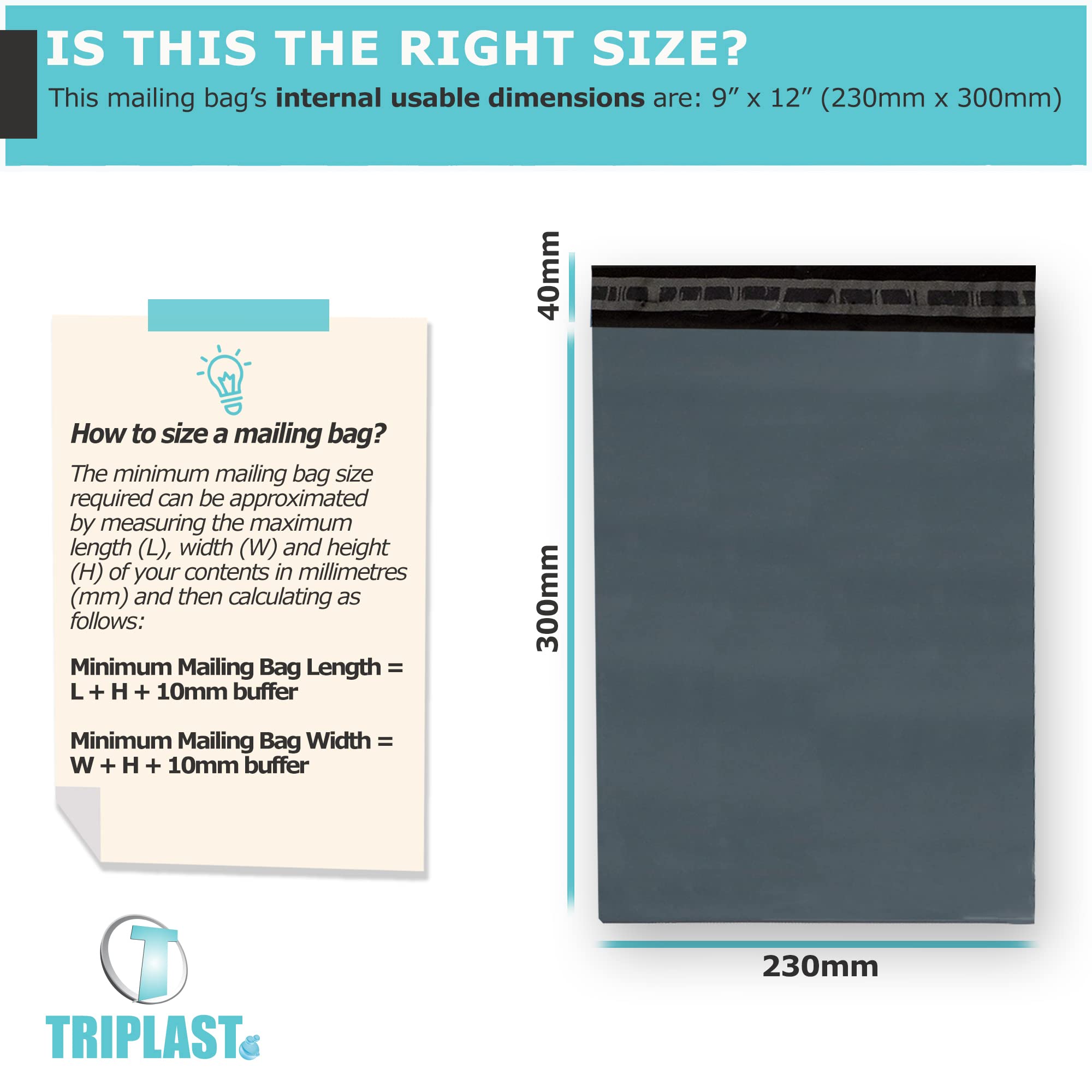 Triplast Plastic Mailing Postal Bags - 9 x 12 Inch Grey, Puncture Resistant | Pack of 100