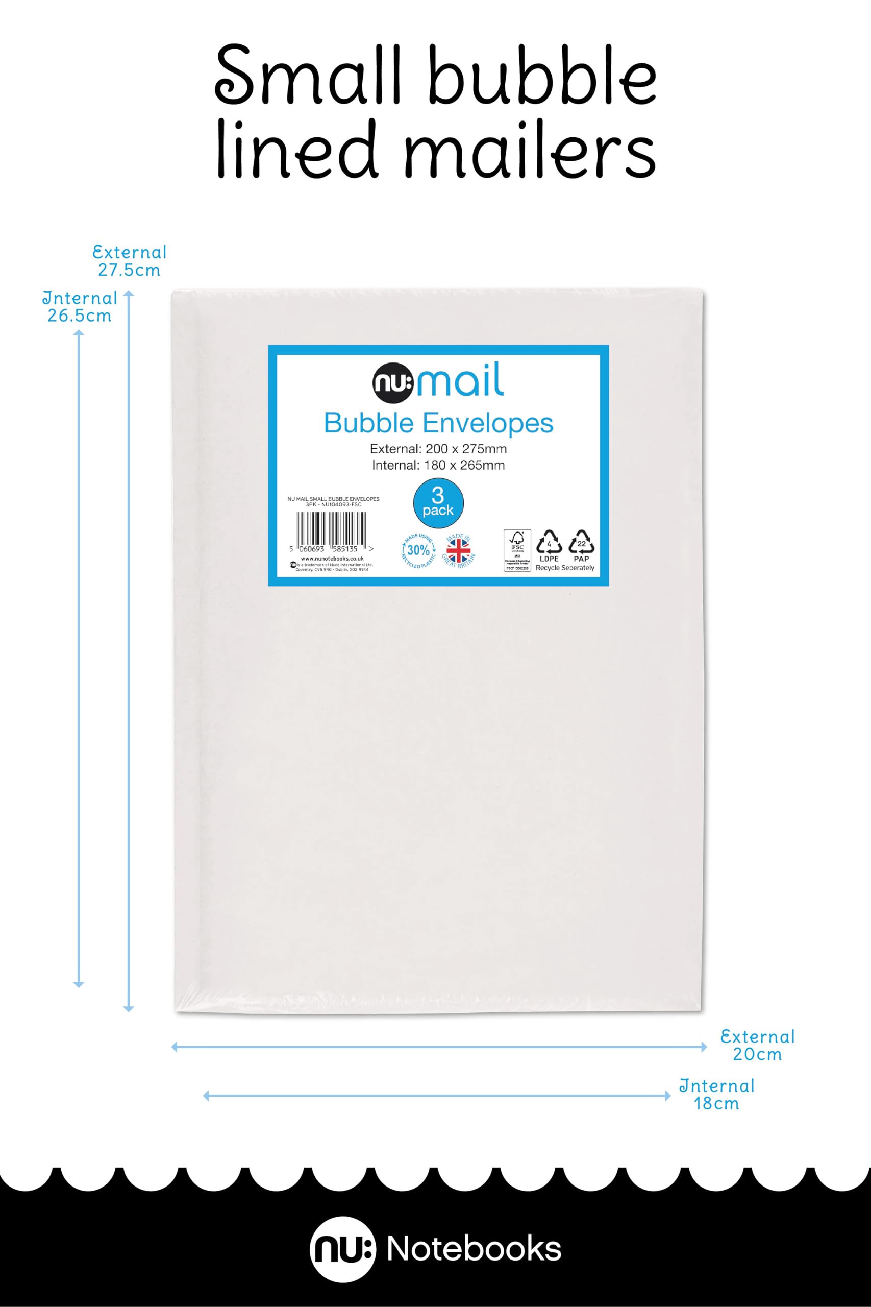 nu: Small Padded Bubble Envelope Mailers - 3 Pack | Self Seal | 30% Recycled Lining 3