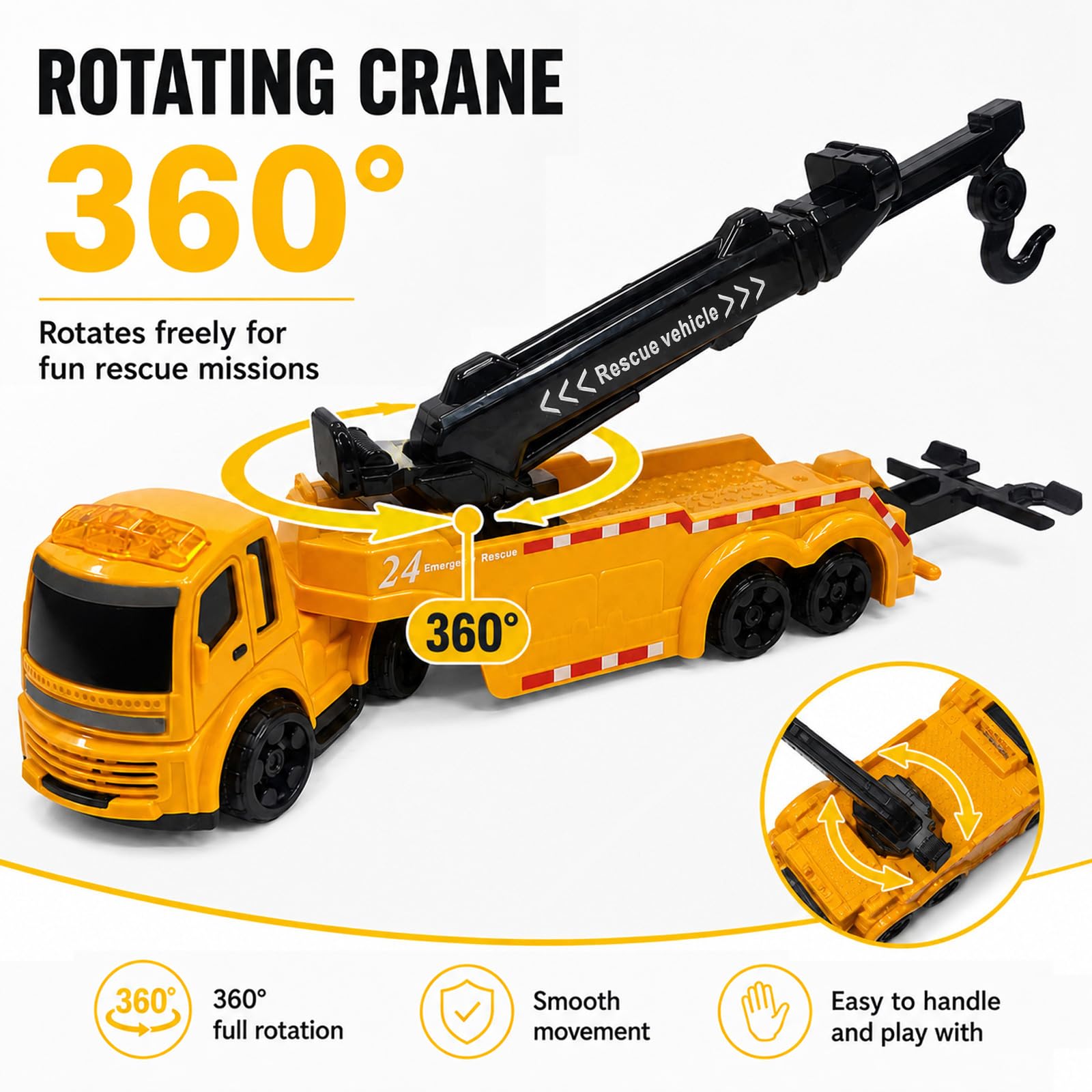 GizmoVine Tow Truck Toy - 26cm Metal Rescue Vehicle with 360° Rotating Crane Boom | Ages 3-10 2