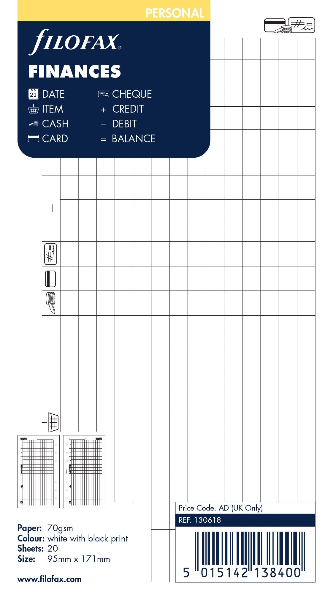 Filofax Personal Finances Refill Pages | Personal Size | White Plastic