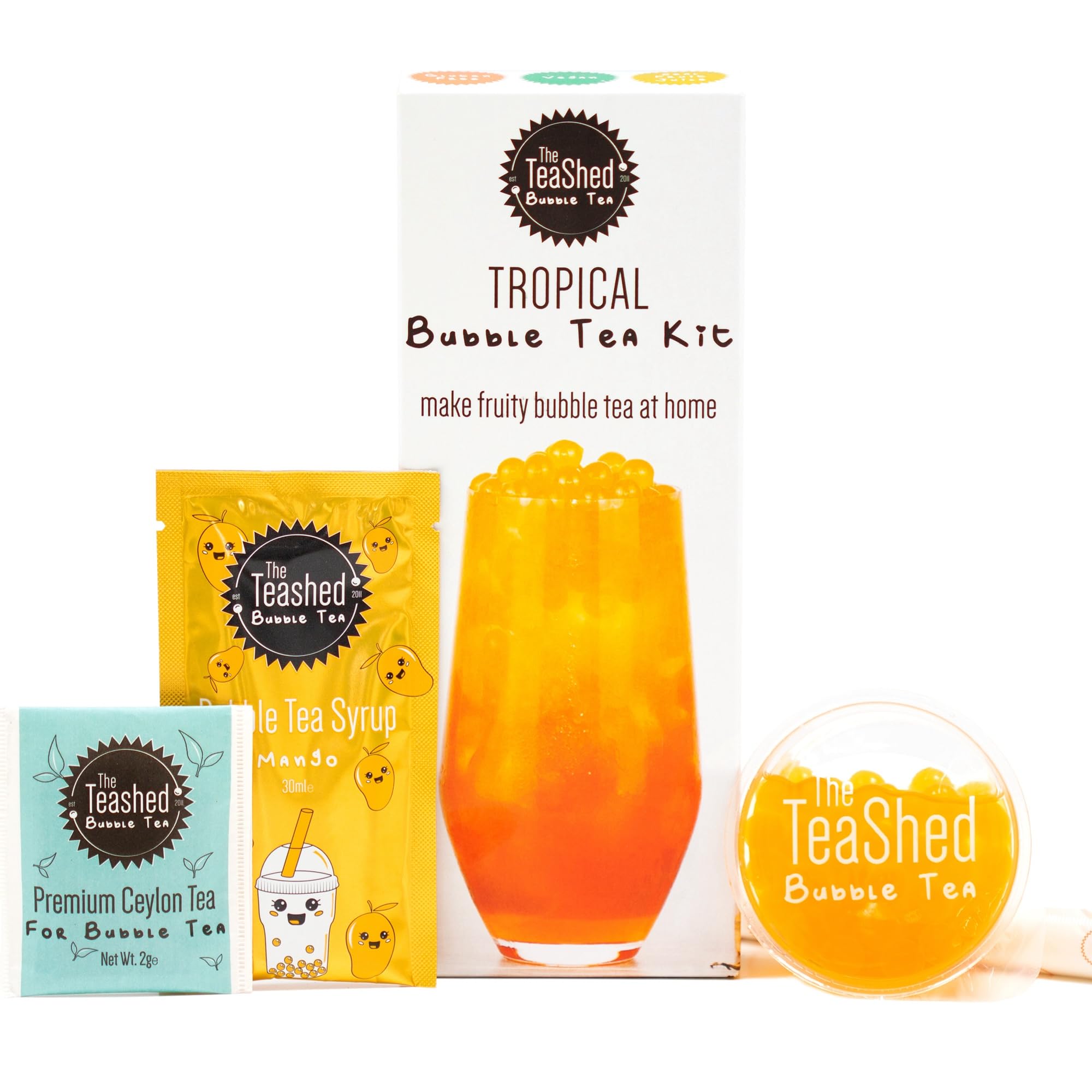 The TeaShed Tropical Bubble Tea Kit - Mango Syrup & Passion Fruit Popping Boba | Vegan, Gluten Free