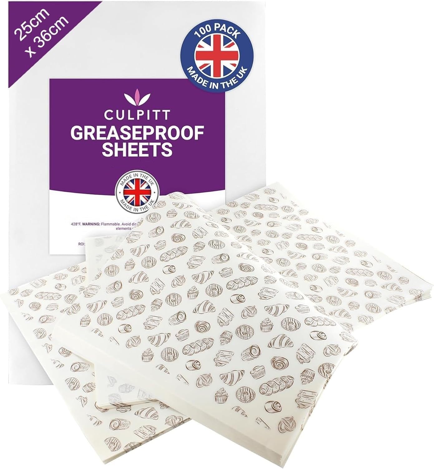 Culpitt Greaseproof Paper Sheets - Pre-Cut Bakery Liners | 100 Count | 250mm x 360mm