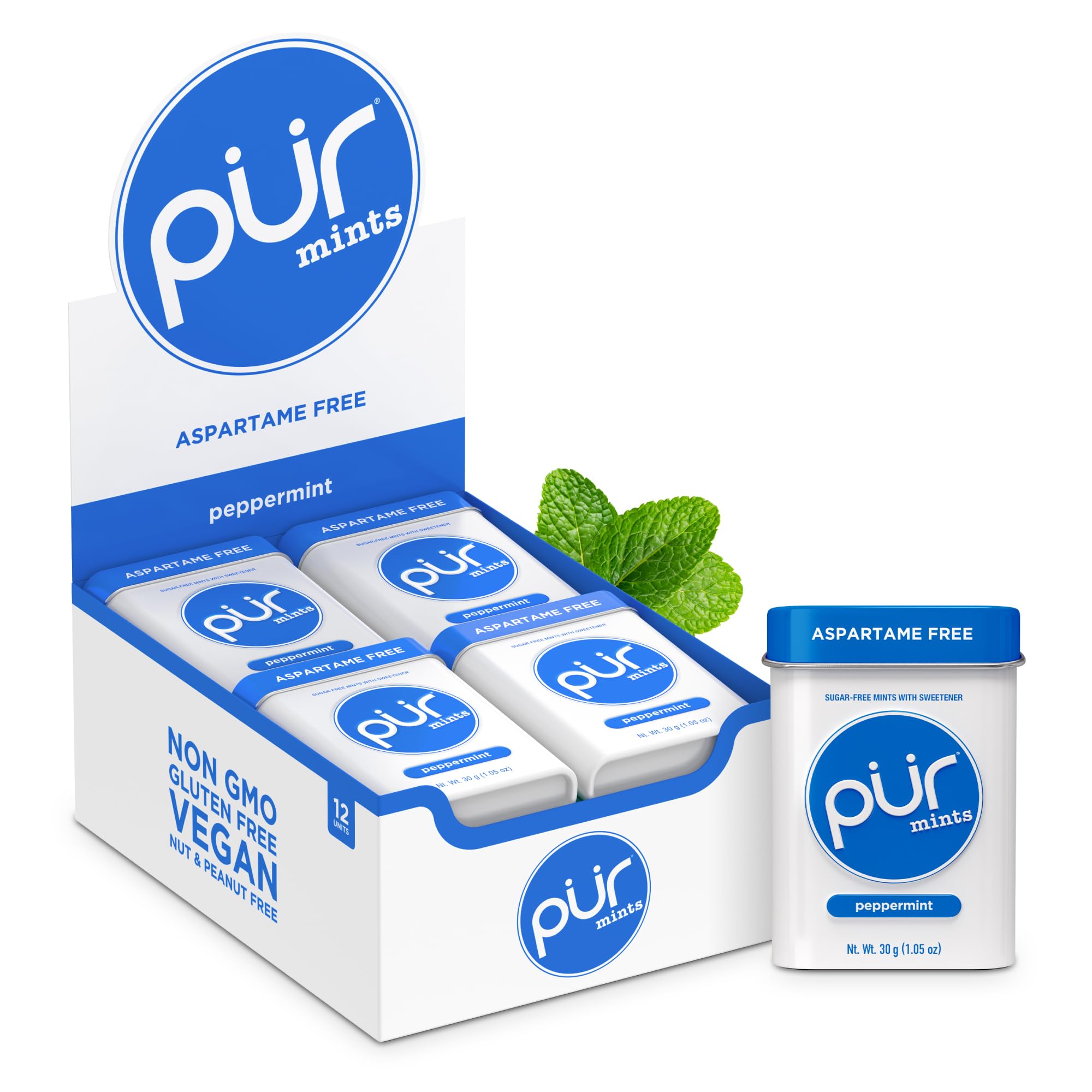 PUR Gum Aspartame Free Mints - Peppermint Flavor, Sugar Free, Vegan, Xylitol Sweetened | 12 Pack of 30 Count