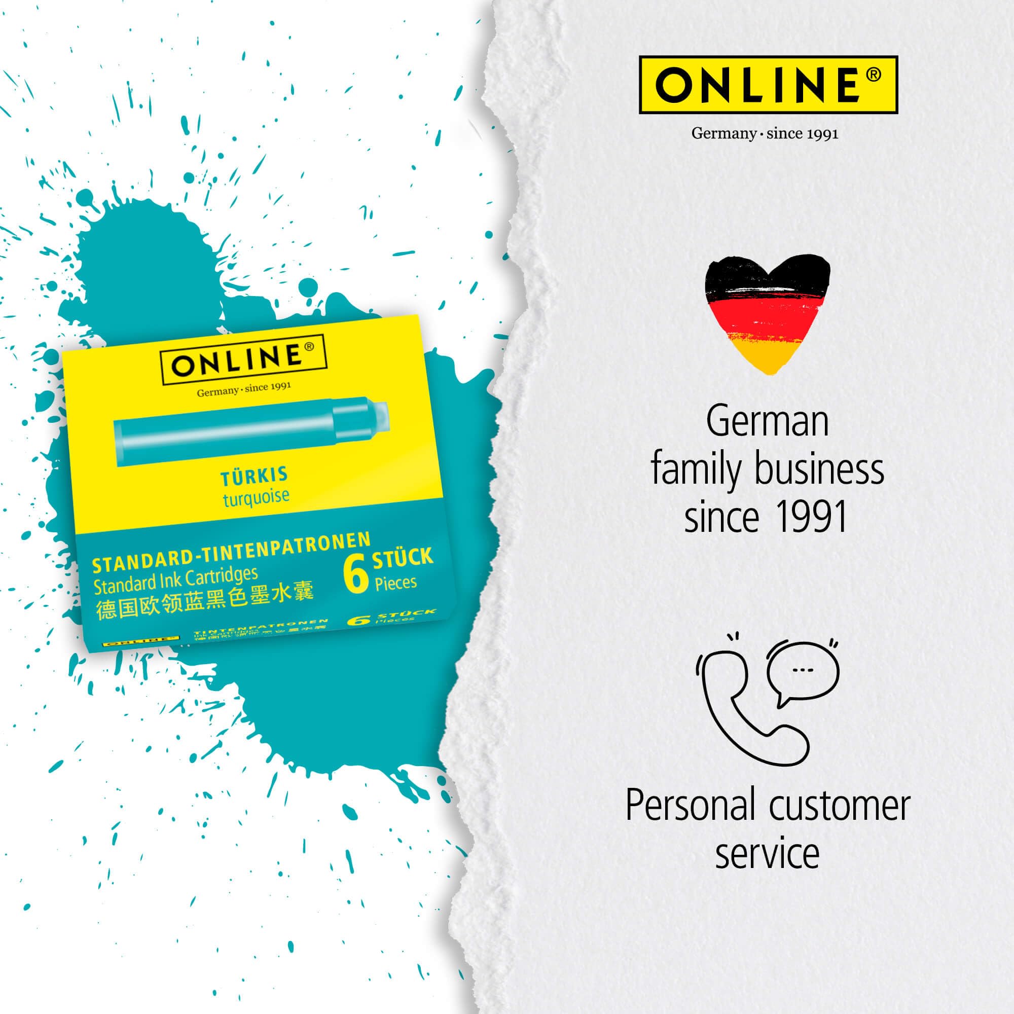 Online Standard Ink Cartridge 17224/24 - Turquoise Ink | 6 Pack | Compatible with Standard Fountain Pens 6