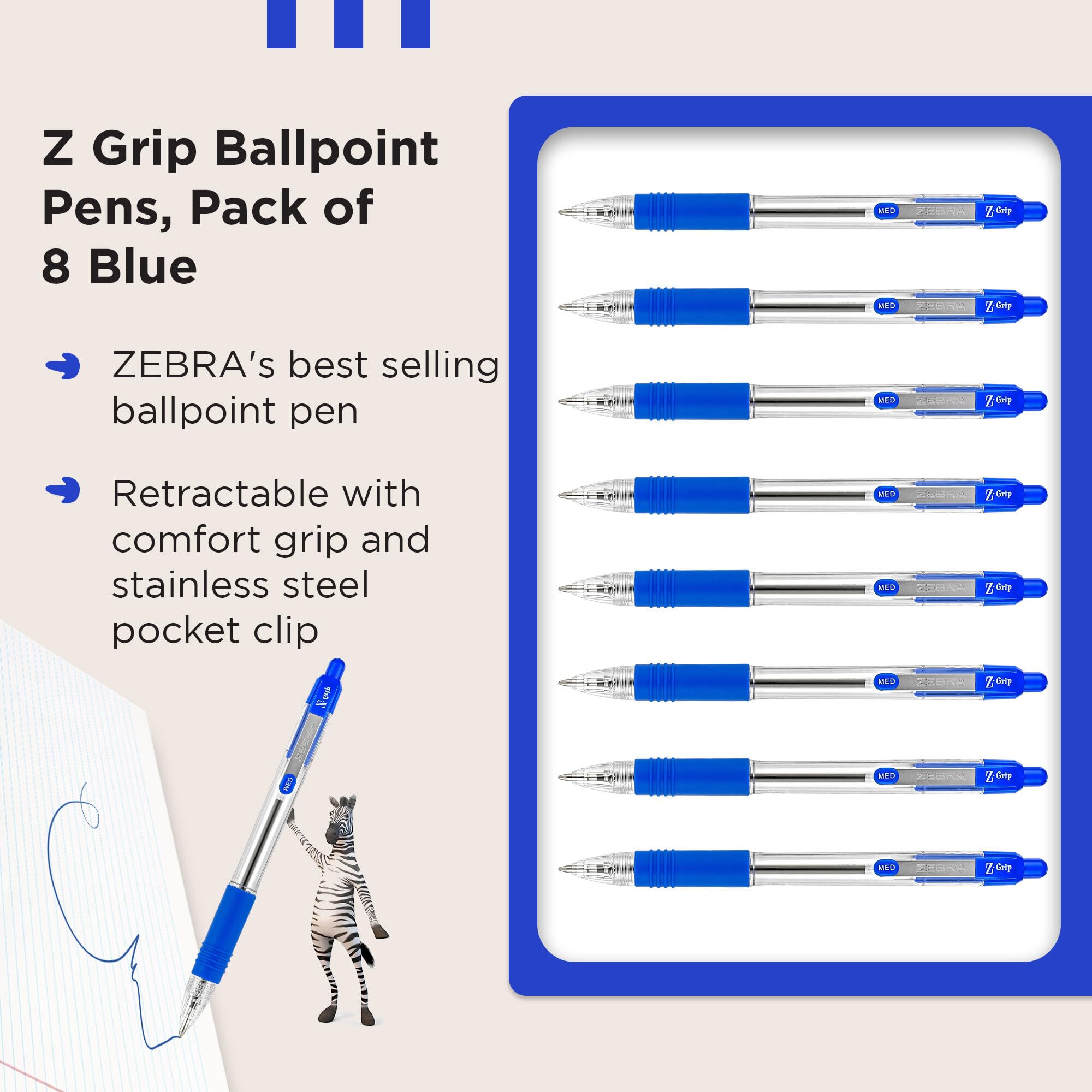 Zebra Pen Z Grip Retractable Ballpoint Pens - Blue Ink, Comfort Grip, Pocket Clip | 8 Pack 3