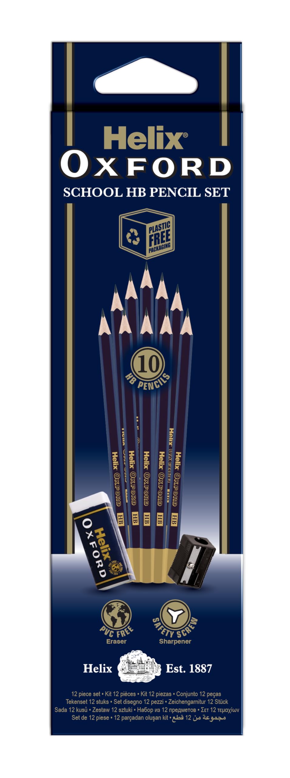 Helix Oxford X10 HB Pencils with Plastic Sharpener and Eraser | Pre-Sharpened | Sustainable Wood