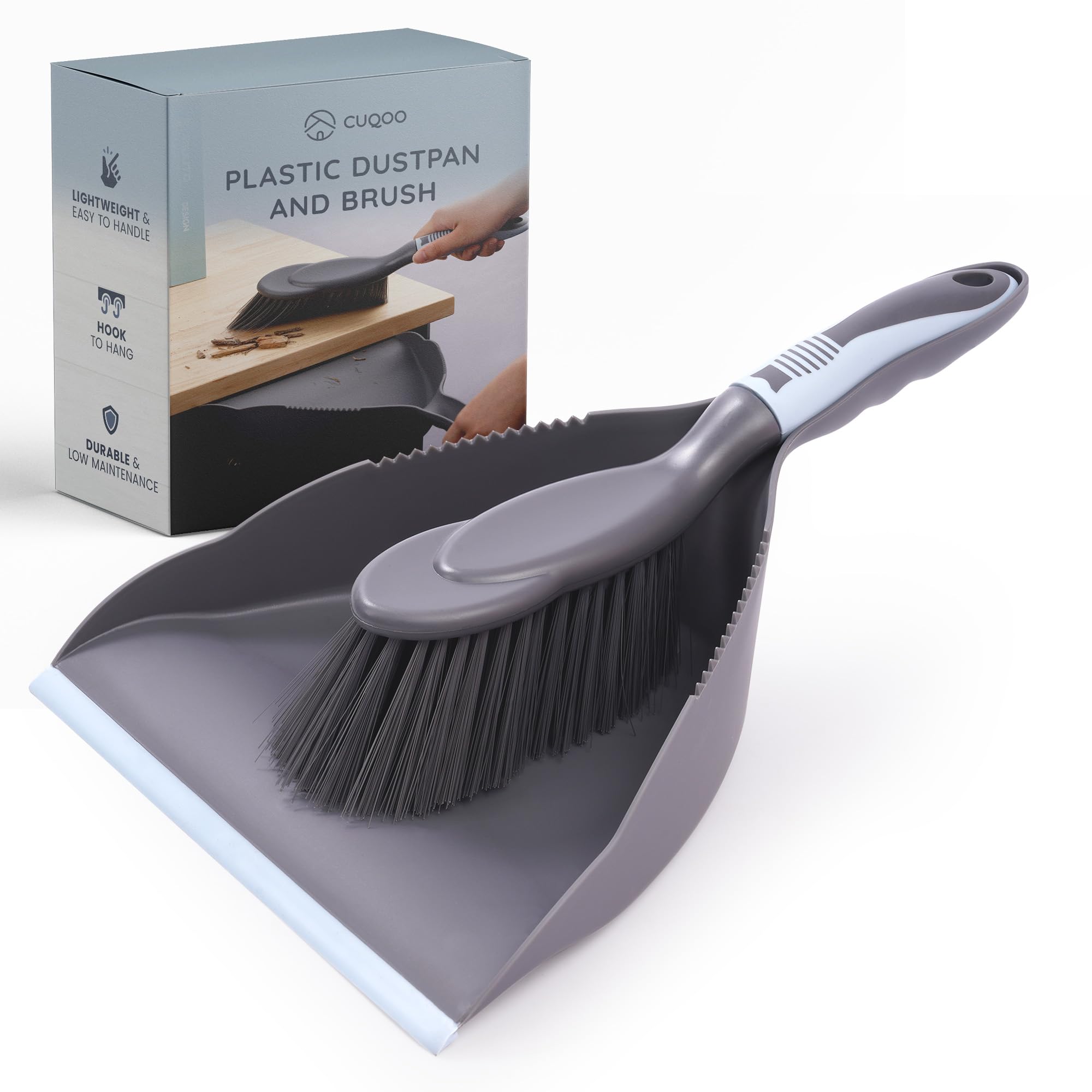 CUQOO Plastic Dustpan and Brush Set - Durable Lightweight Design | Corrugated Edge | Grey