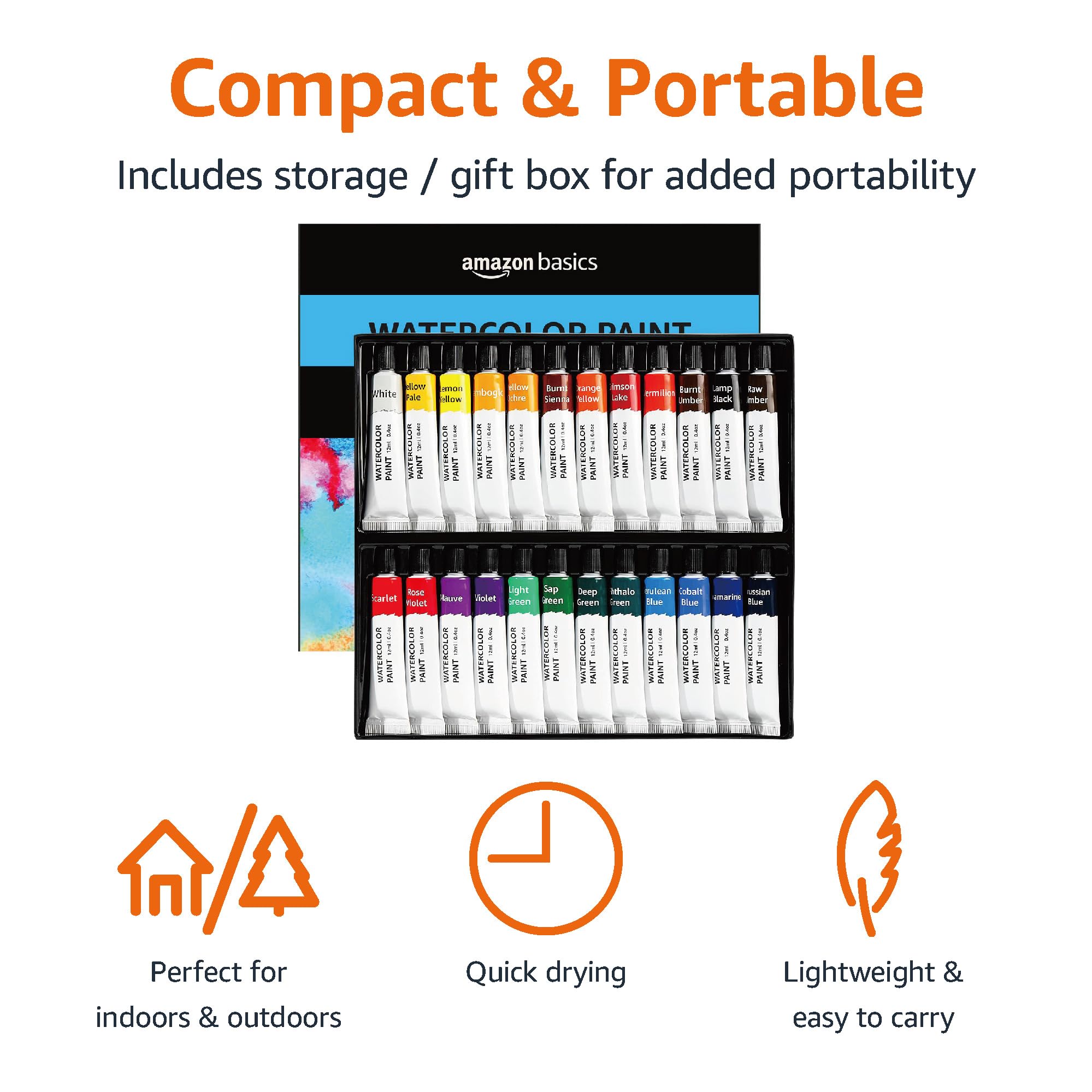 Amazon Basics Watercolour Paint Set - 24 Vibrant Tubes (12 ml Each) | Rich Hues | Good Transparency 4