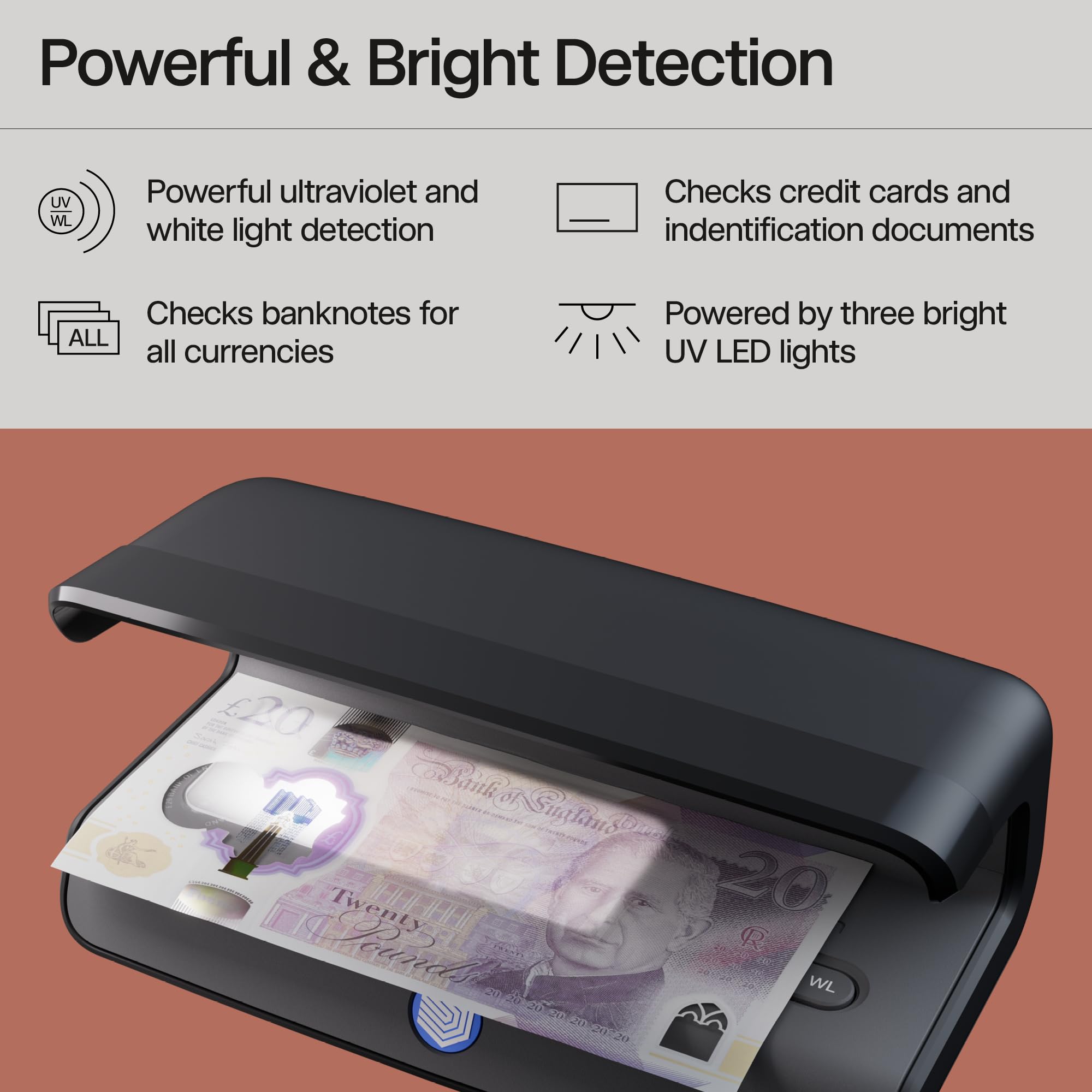Safescan 75 LED Money Detector with Ultra Strong UV & White Light for Global Currency Verification 3