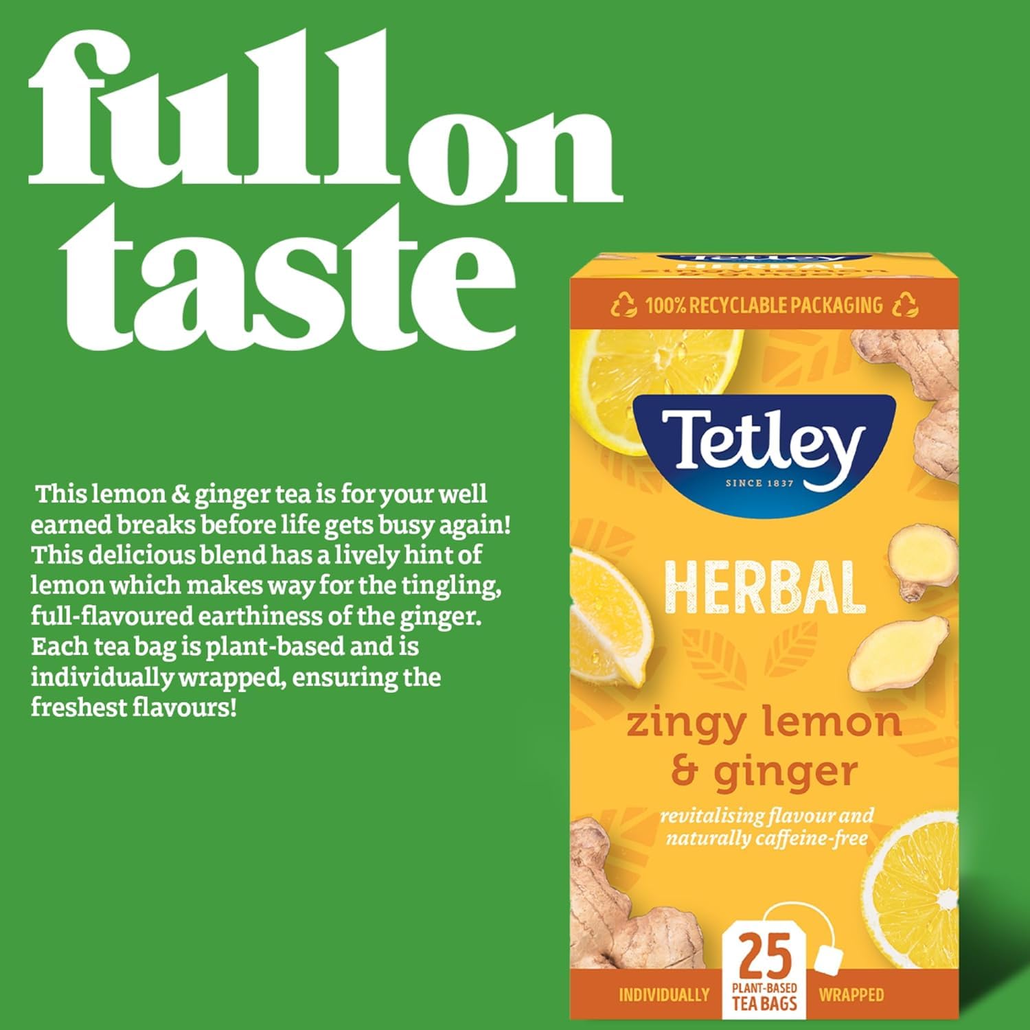 Tetley Zingy Lemon & Ginger Herbal Tea Bags - Naturally Caffeine-Free | 25 Count 6