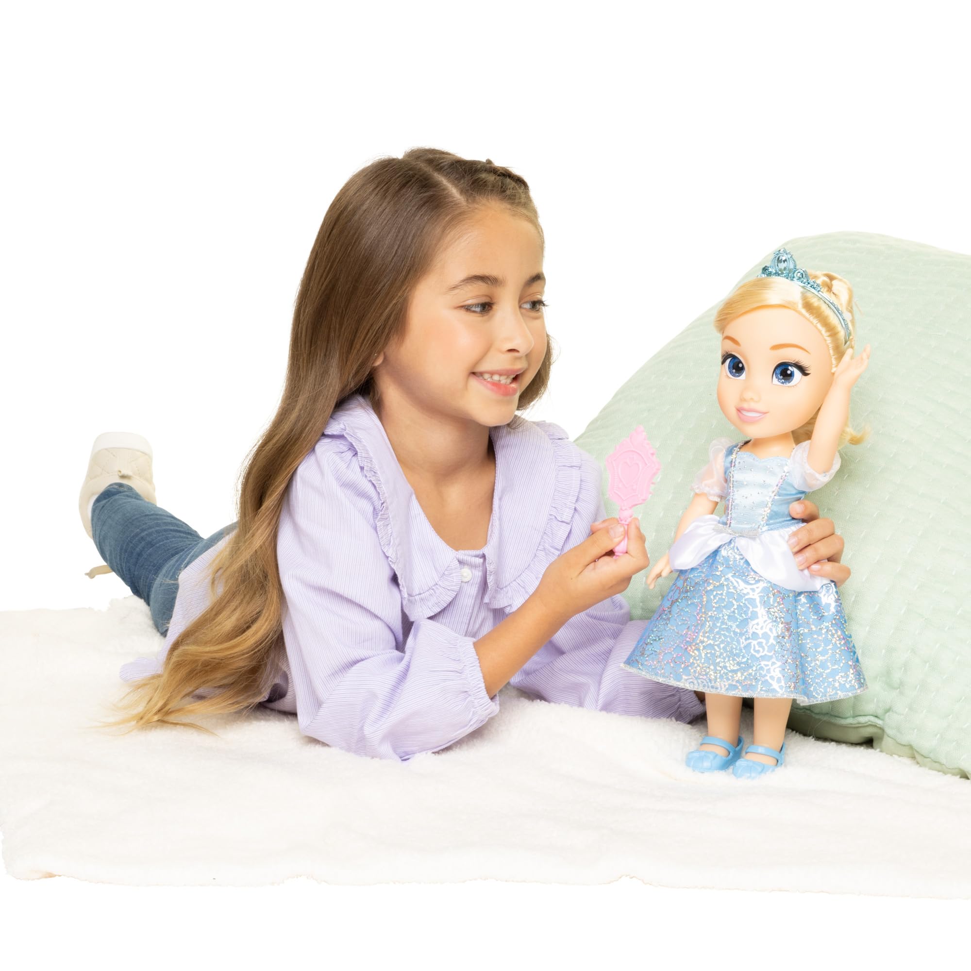 Disney Princess Cinderella Doll - 14" Articulated Doll with Platinum Holofoil Dress, Tiara, Shoes & Brush | Ages 3+ 7