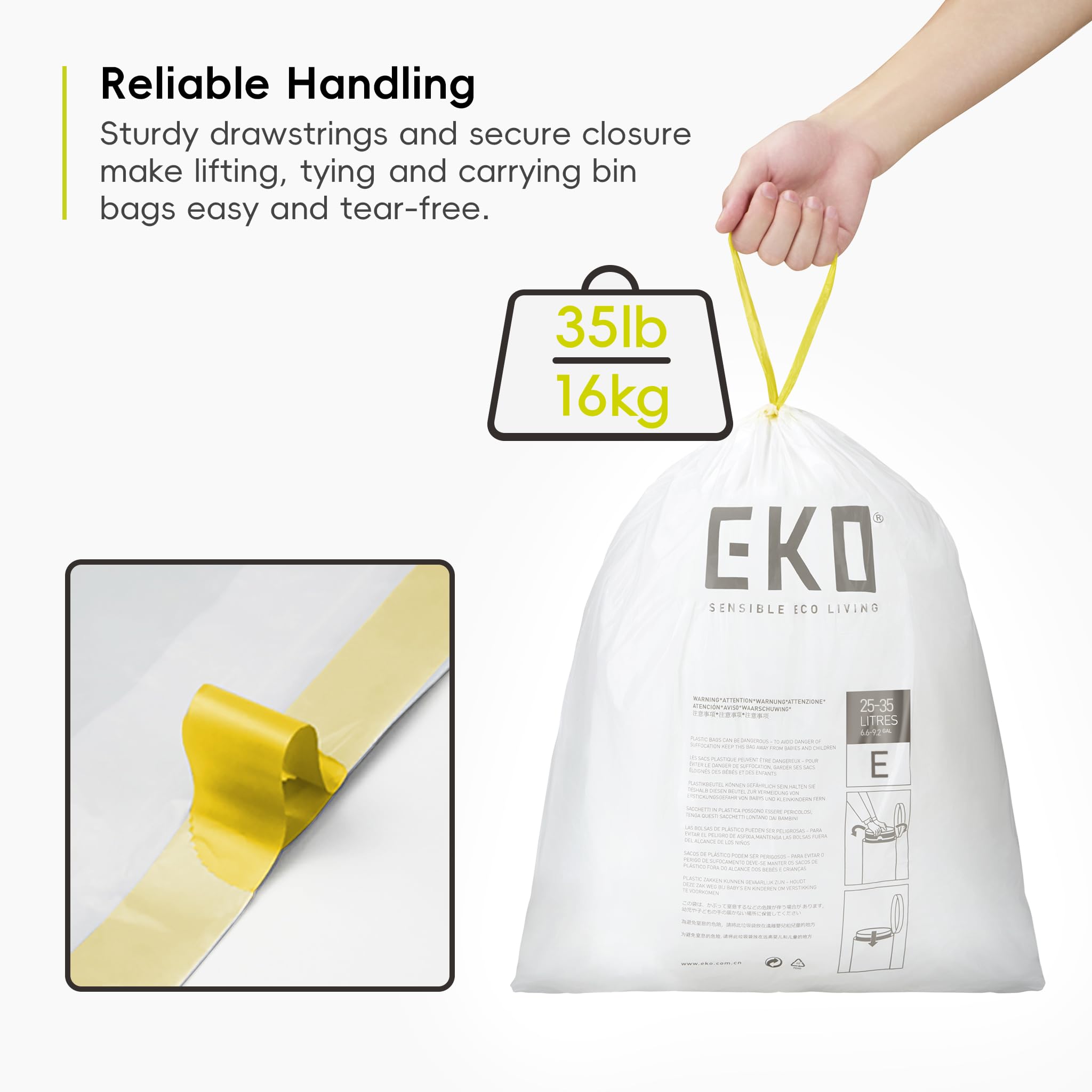 EKO Extra starke Müllbeutel mit Kordelzug für 25–35 l Kücheneimer – 12 Beutel, weiß 4