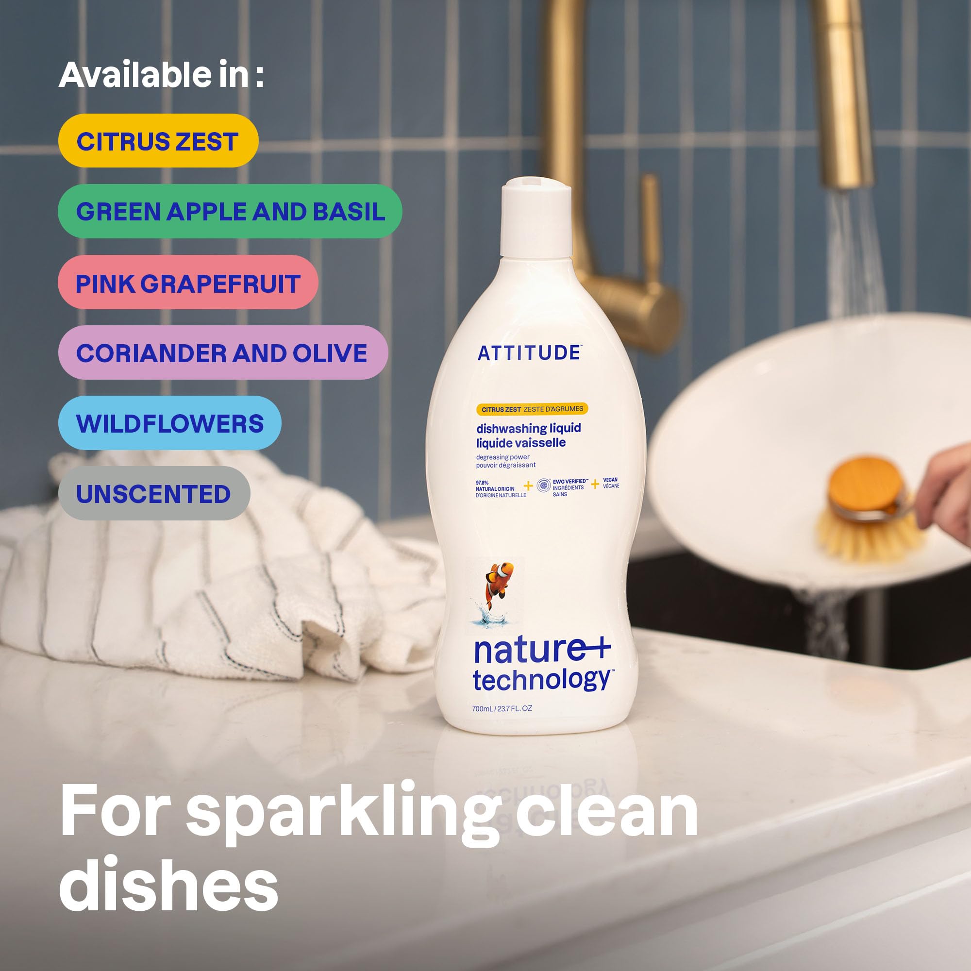 ATTITUDE EWG Verified Plant-Based Unscented Washing-Up Liquid | 700 ml | Streak Free