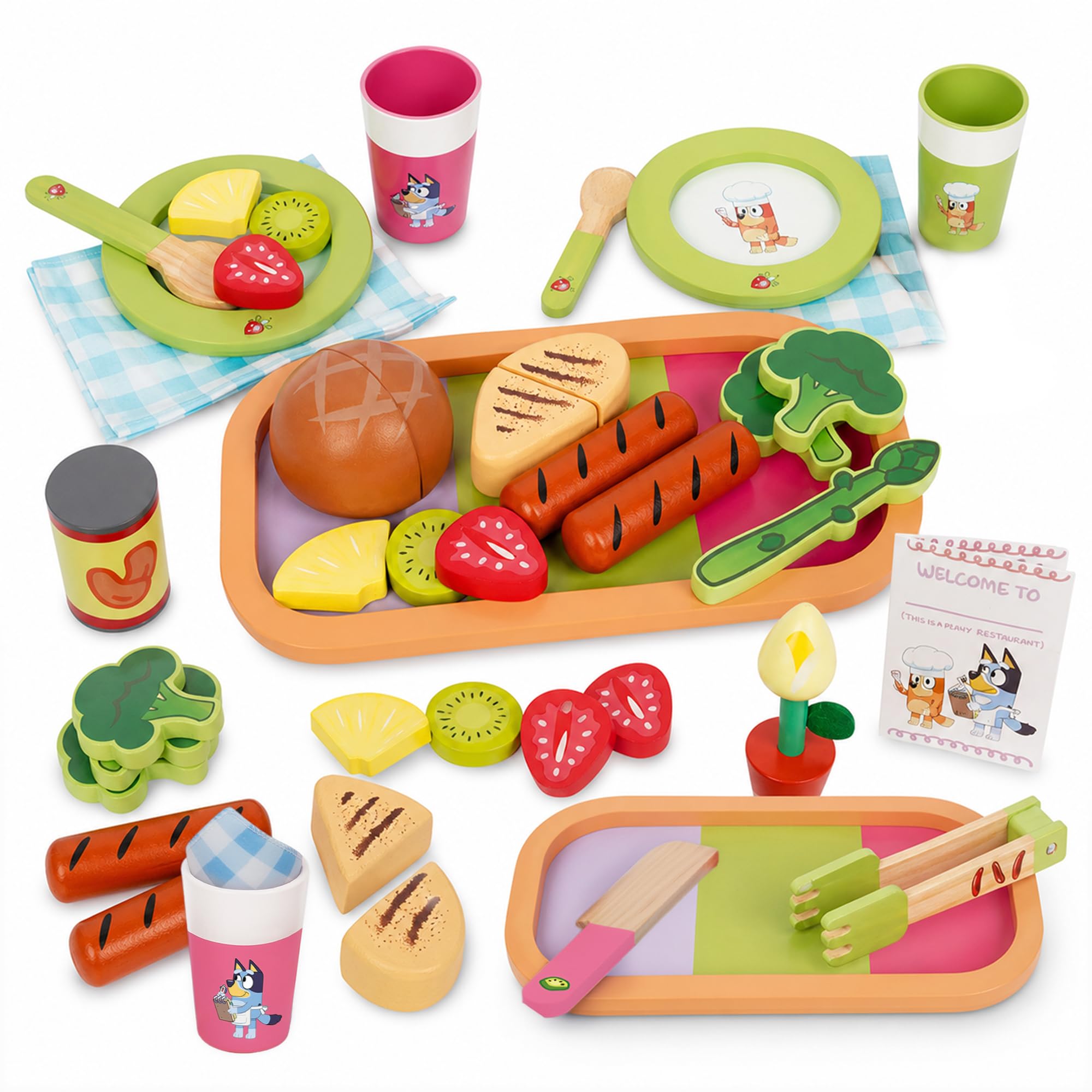 Bluey Dine In with Bluey Wooden Toy Set - 32-Piece Role-Play Kit | FSC-Certified Wood