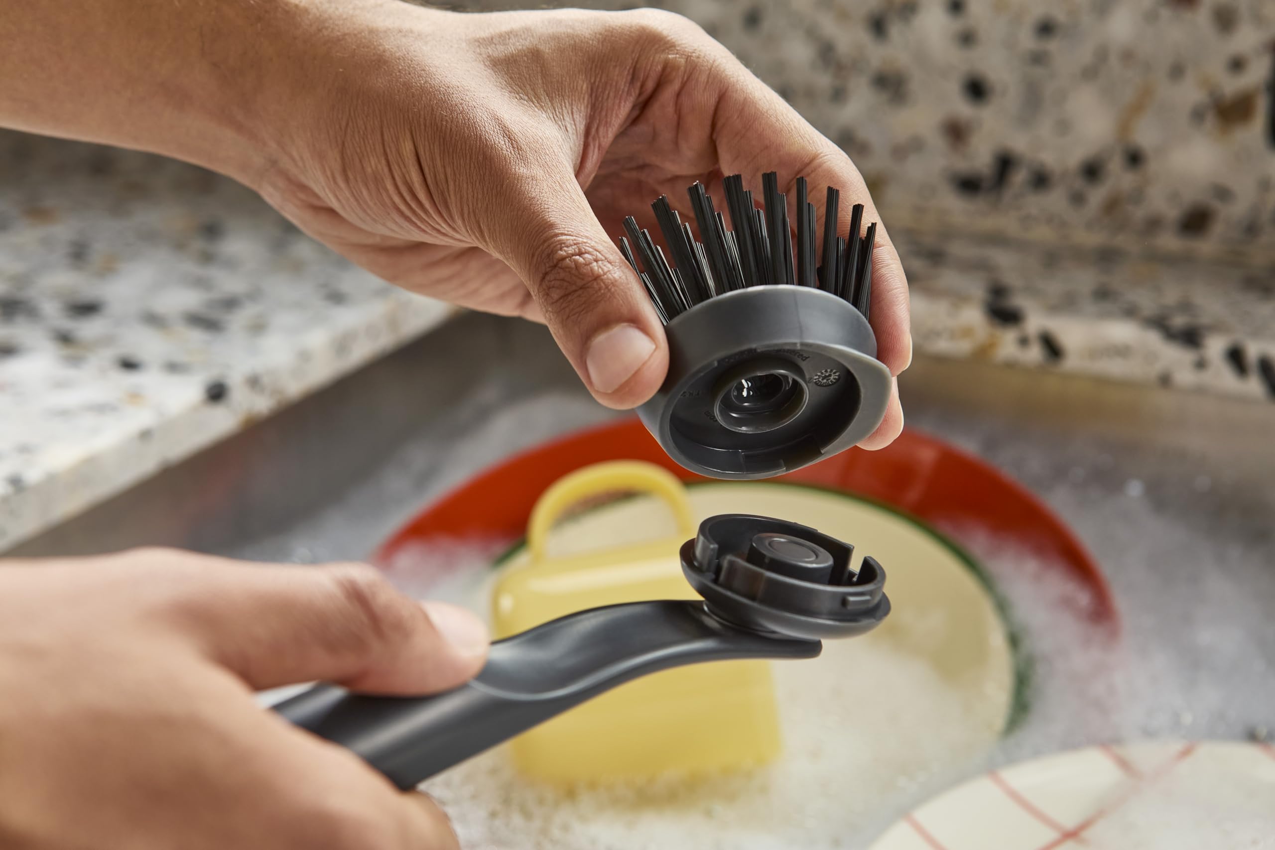 Joseph Joseph SinkTech Dish Brush with Replacement Head - Durable Bristles, Integrated Pan Scraper | Graphite 6