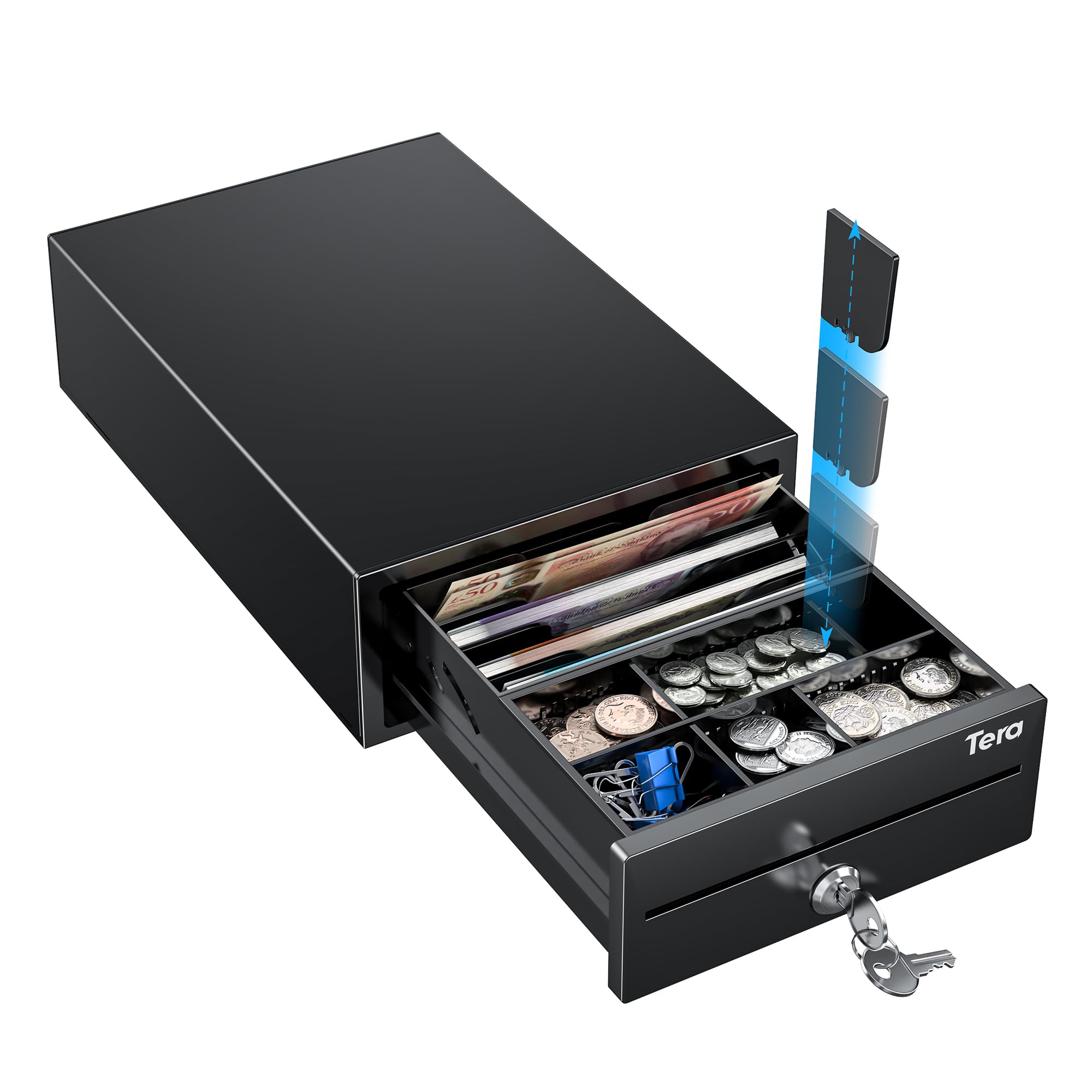 Tera 8'' Mini Cash Drawer Register - Compact 4 Bill/6 Coin Tray | RJ12 Compatible | Black