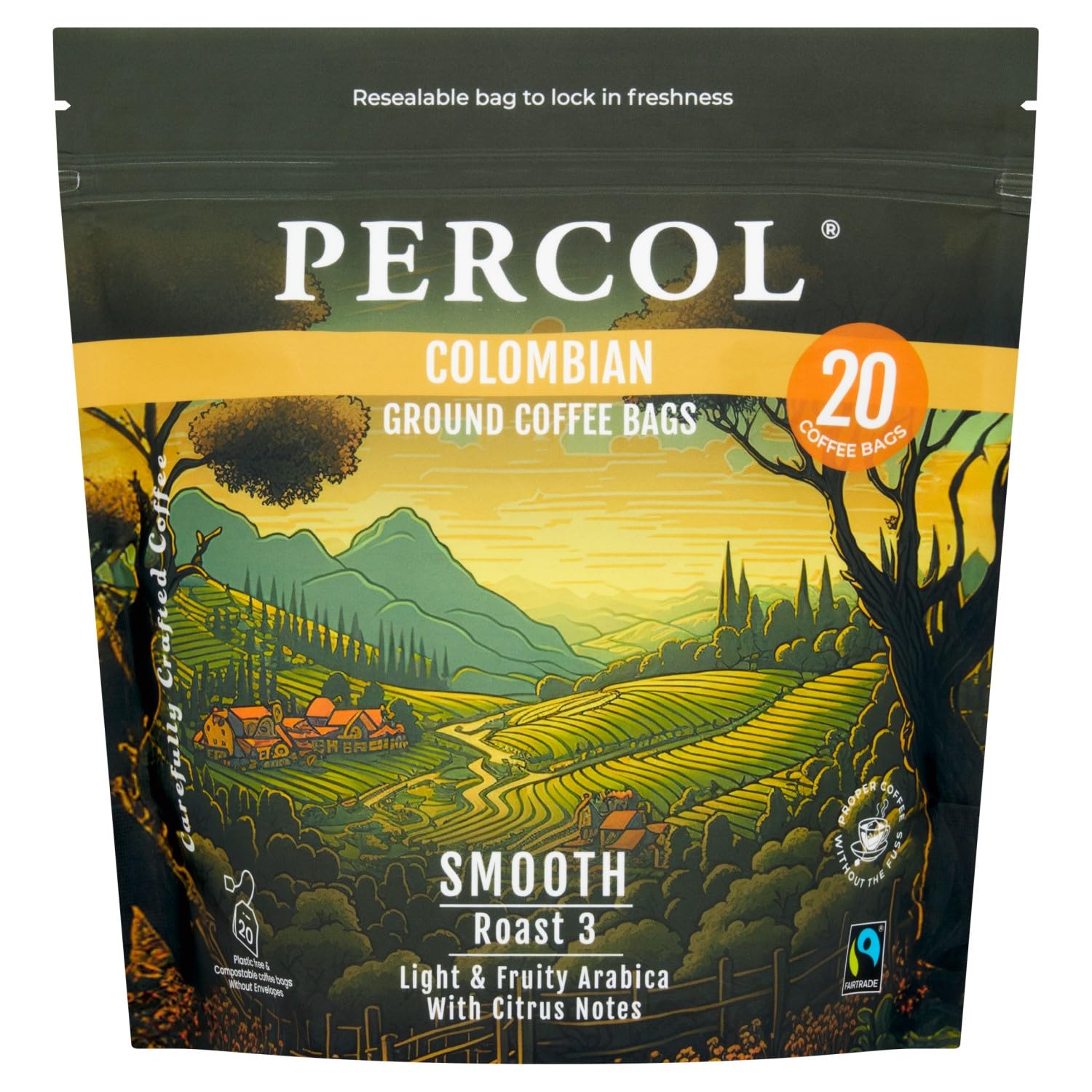 PERCOL Colombian Ground Coffee Bags - Light Roast, Fairtrade Certified | 80 x 8g