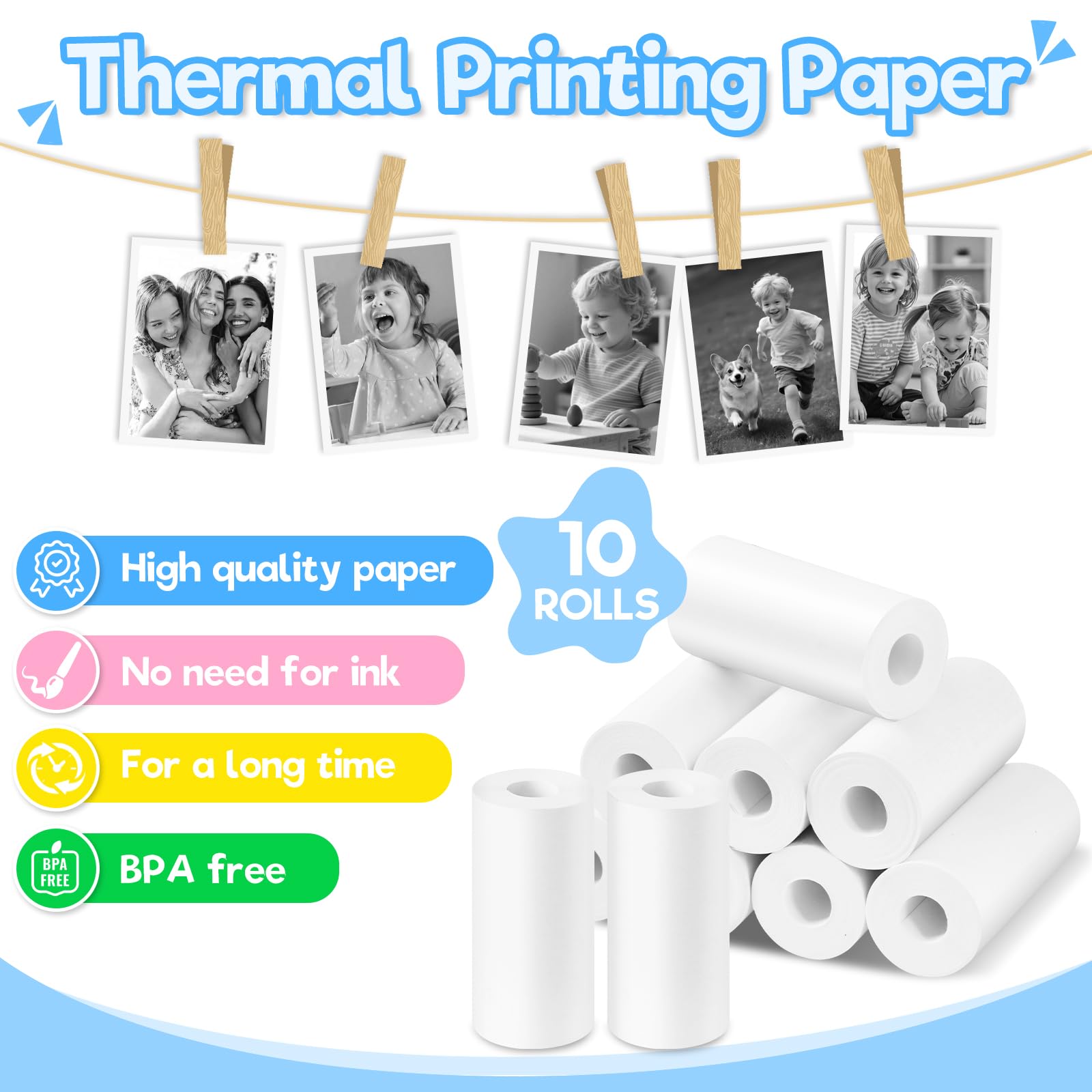 MOXYOY Kids Camera Paper Roll - 10 Rolls Thermal Print Paper | 57x25mm Coreless | BPA-Free 3