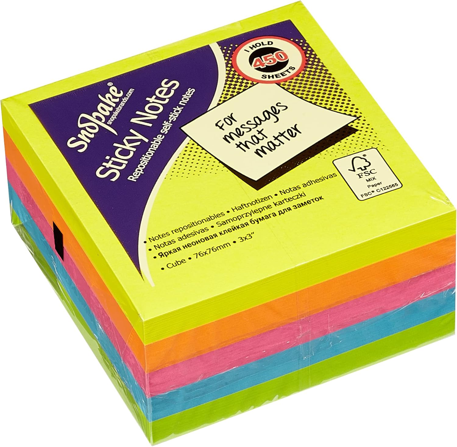 Snopake 76 x 76 mm Neon Assorted Sticky Notes [Cube of 450 Sheets] 11702