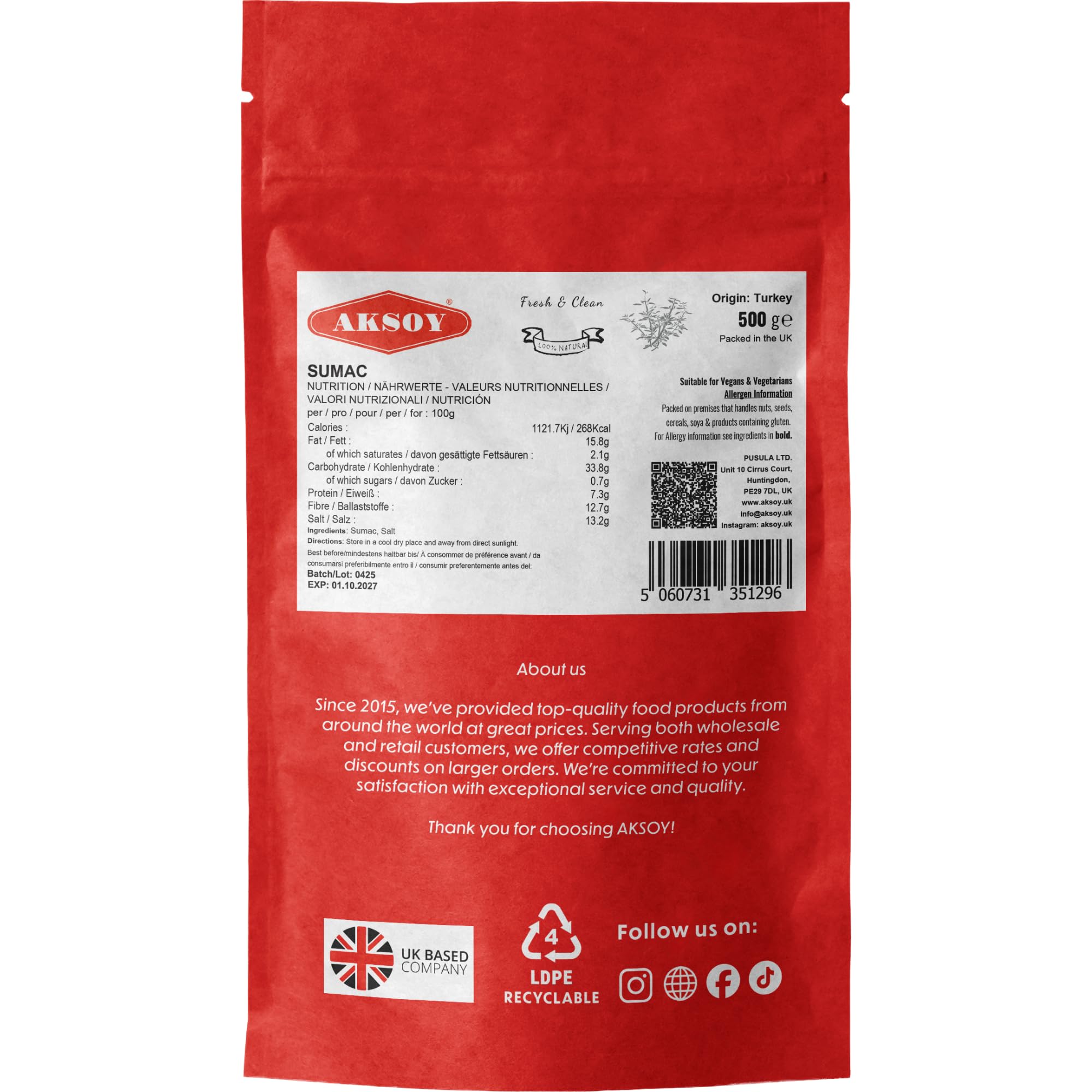 AKSOY Ground Sumac - 500g Natural Tangy Spice for Middle Eastern Cooking 2