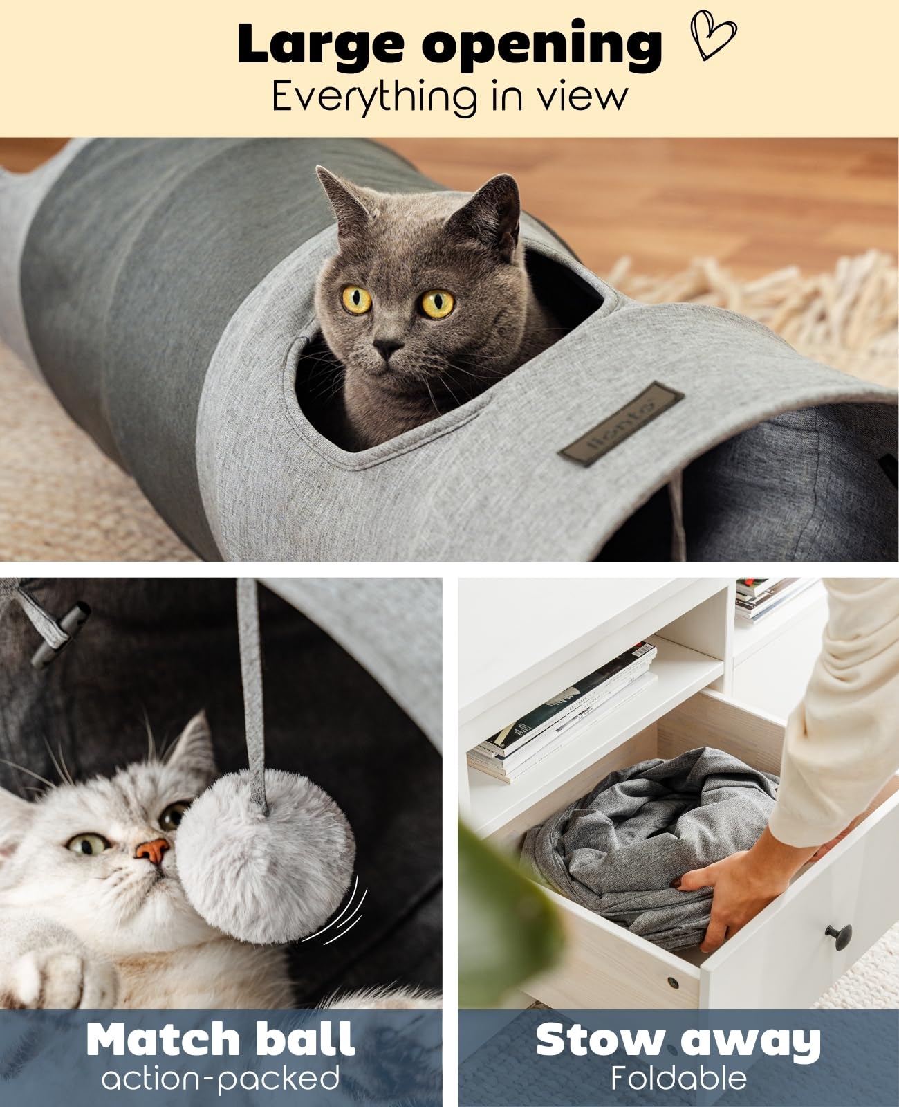 lionto Expandable Cat Tunnel with Play Ball | 30x130 cm | Foldable Faux Linen 3