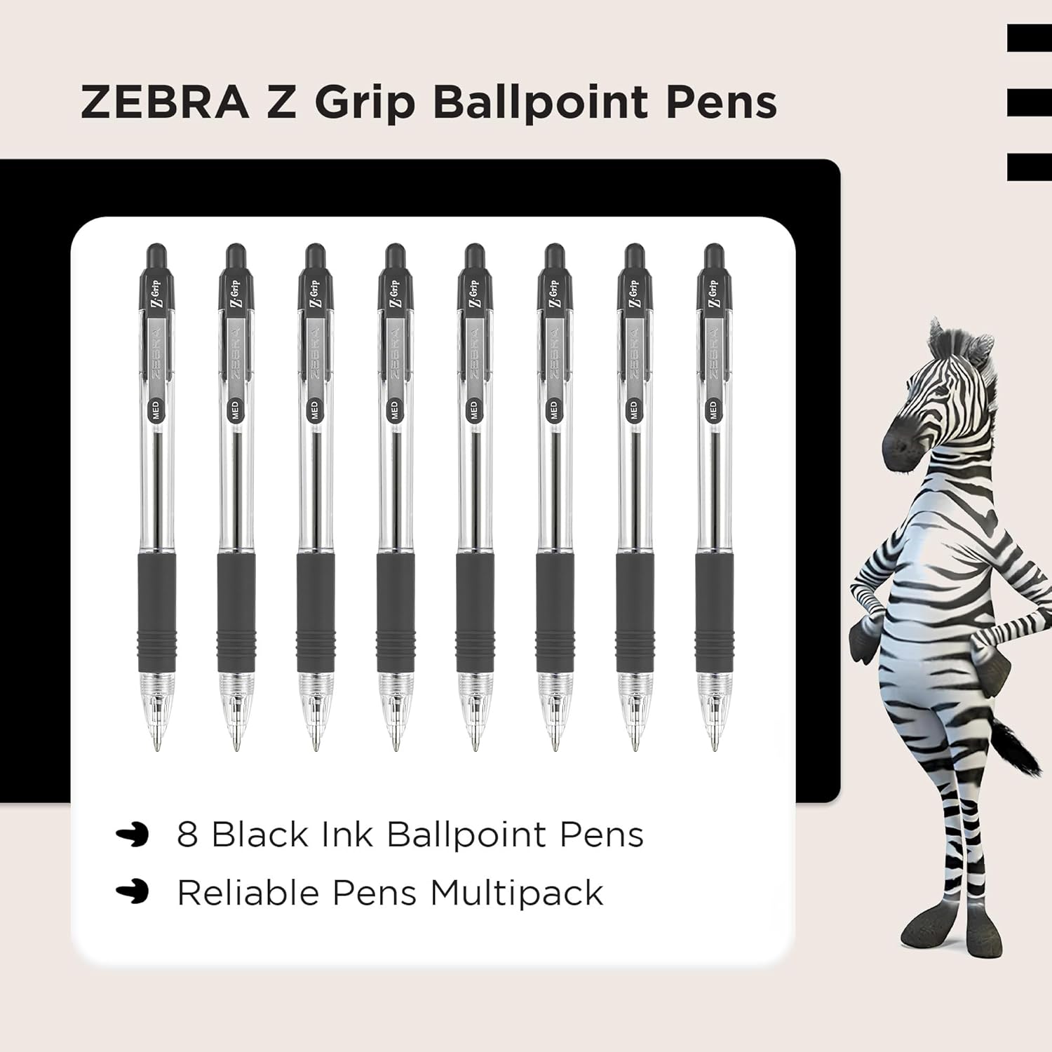 Zebra Pen Z Grip Black Ballpoint Pens with Pocket Clip 8pk, Retractable Black In 4