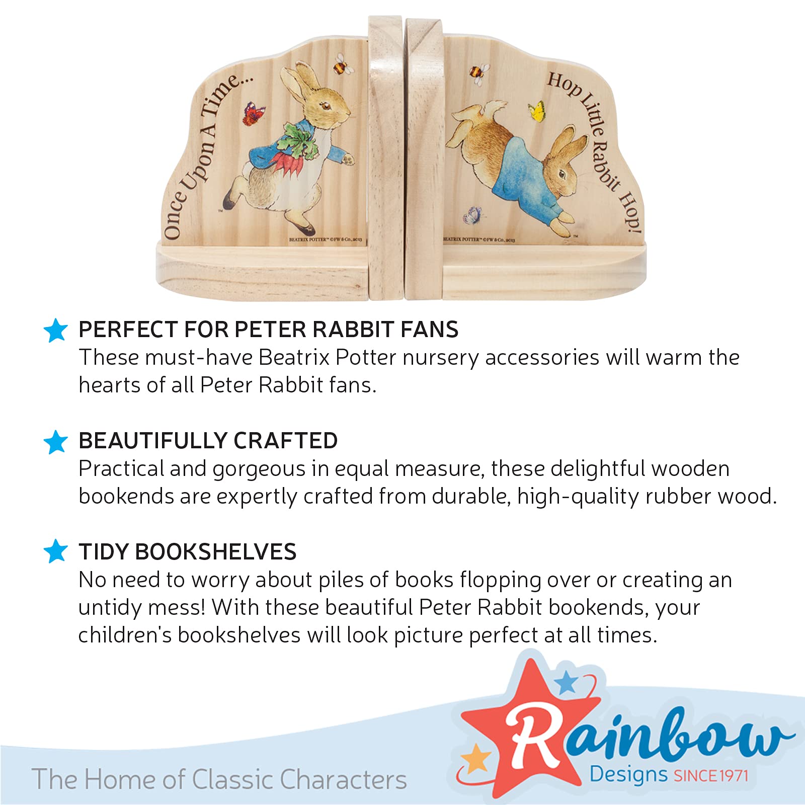 Rainbow Designs Peter Rabbit Wooden Bookends - Nursery Decor | Rubber Wood | Set of 2 4