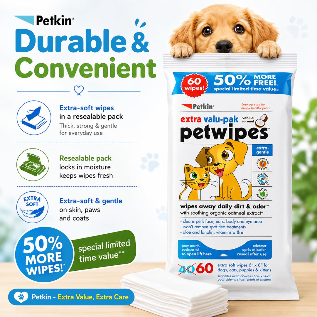 Petkin Eco Pet Wipes for Dogs and Cats - Gently Cleans Dirt & Odour | 60 Count 4