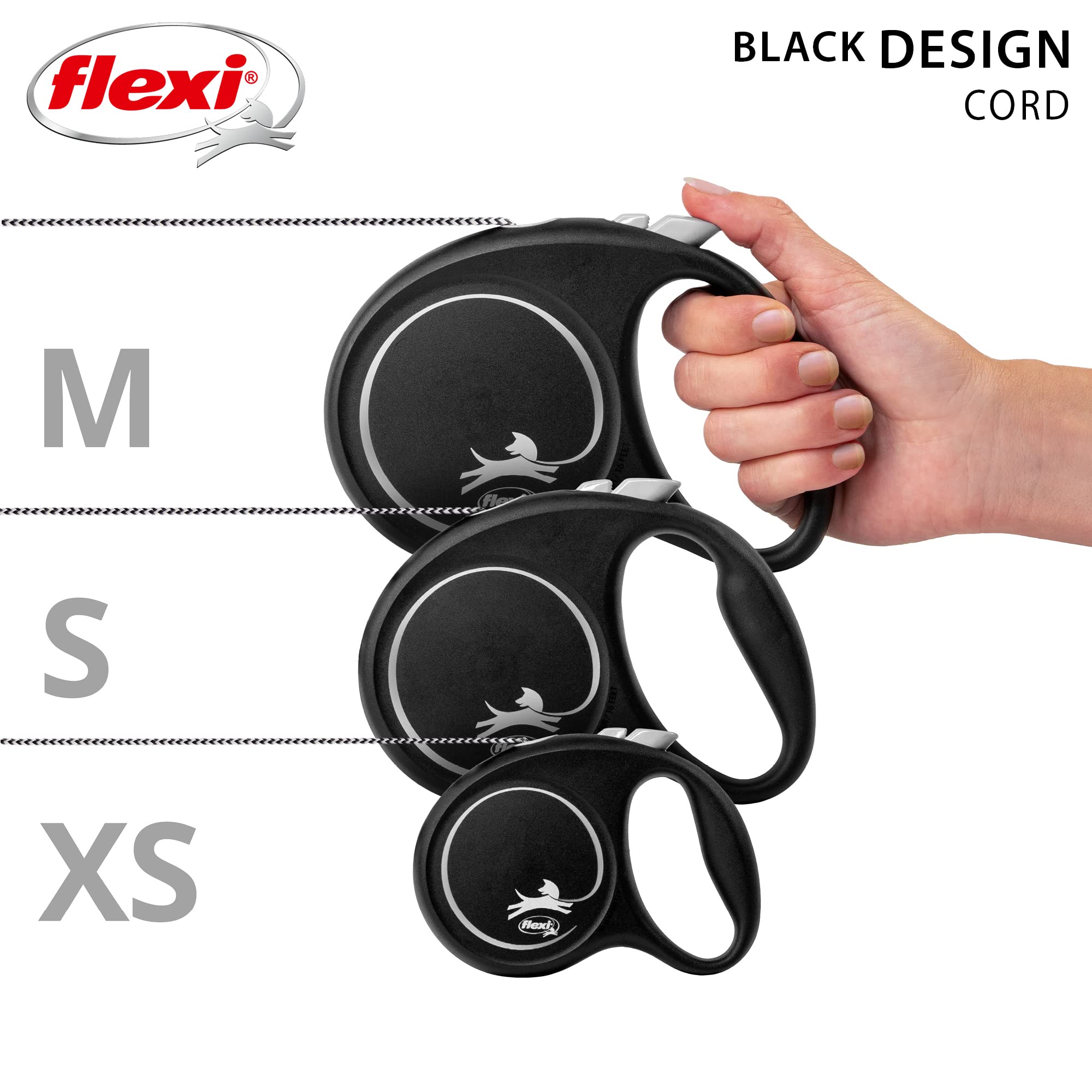 flexi Black Design Retractable Dog Leash - Small Size (5m) | Black Nylon Cord | For Extra Small Dogs 5