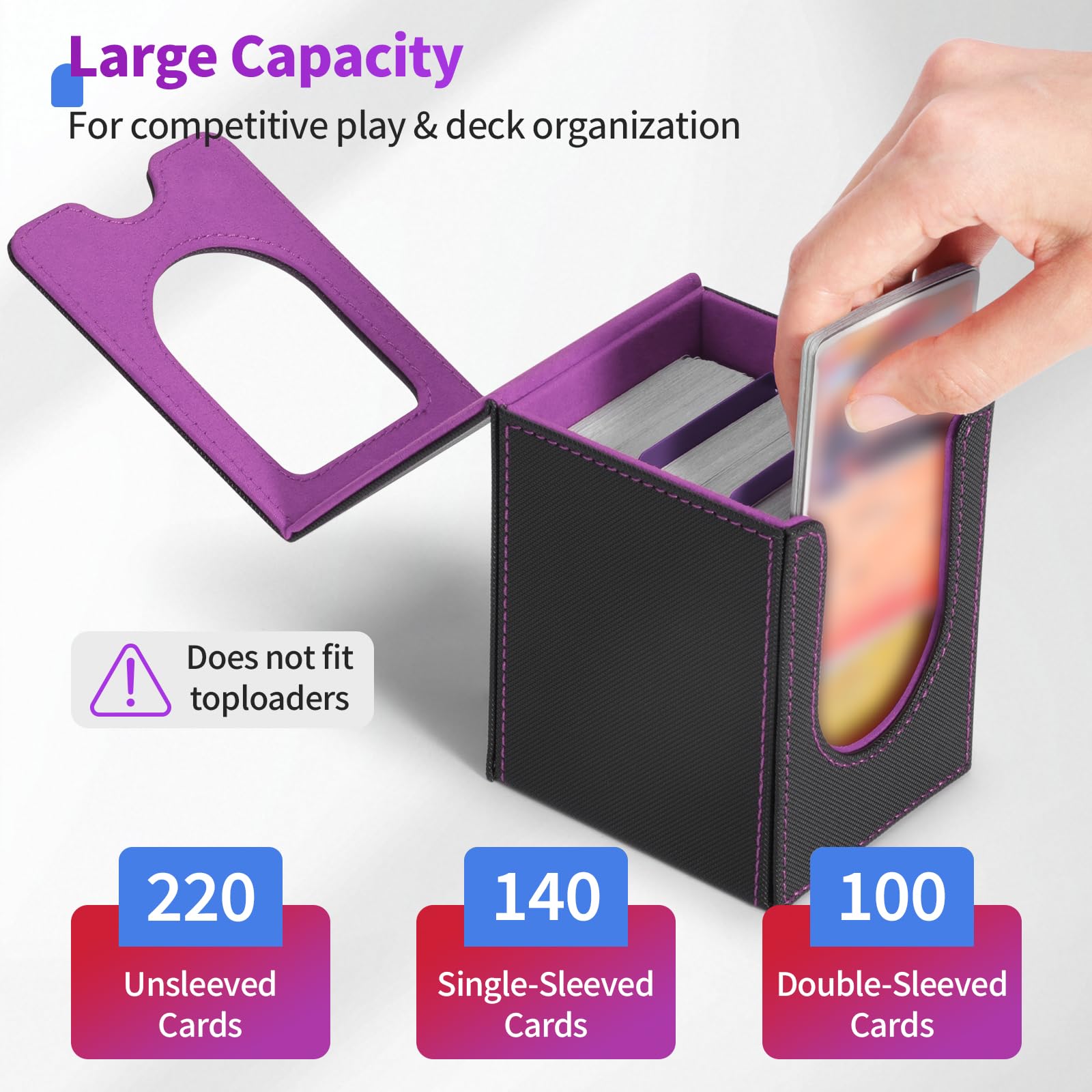 Euqvunn TCG Deck Box - Magnetic Closure, Display Window | Holds 100-220 Cards | Black & Purple