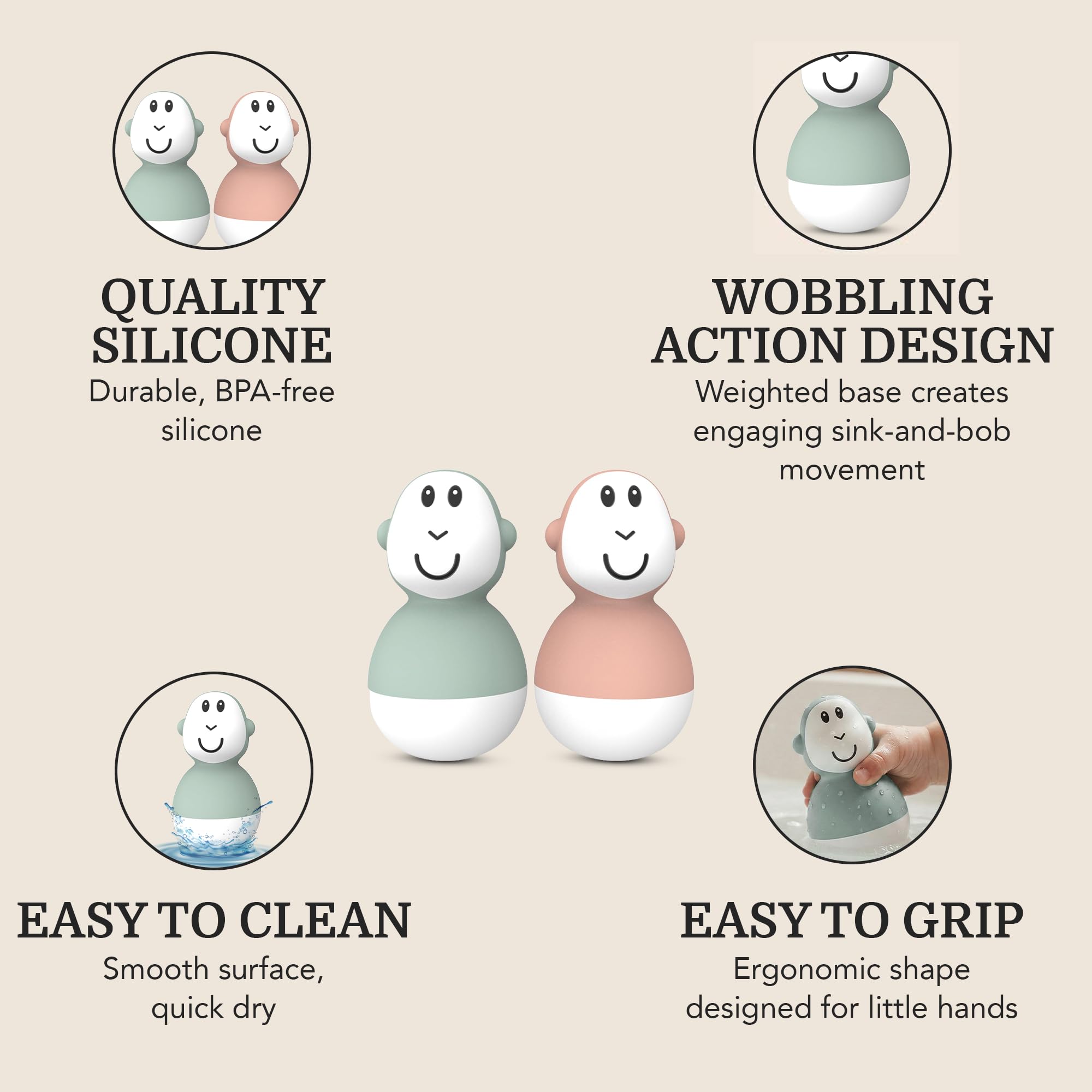 Matchstick Monkey Bathtime Wobblers - Antimicrobial Protection | Mint Green & Dusty Pink Set 7