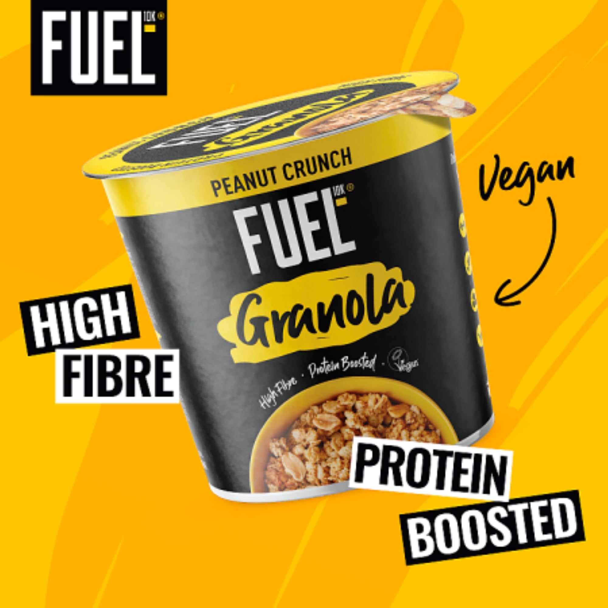 FUEL10K Peanut Crunch Protein Granola Cereal Pot - High Protein, Vegan Friendly | 70g Pot (Pack of 8)