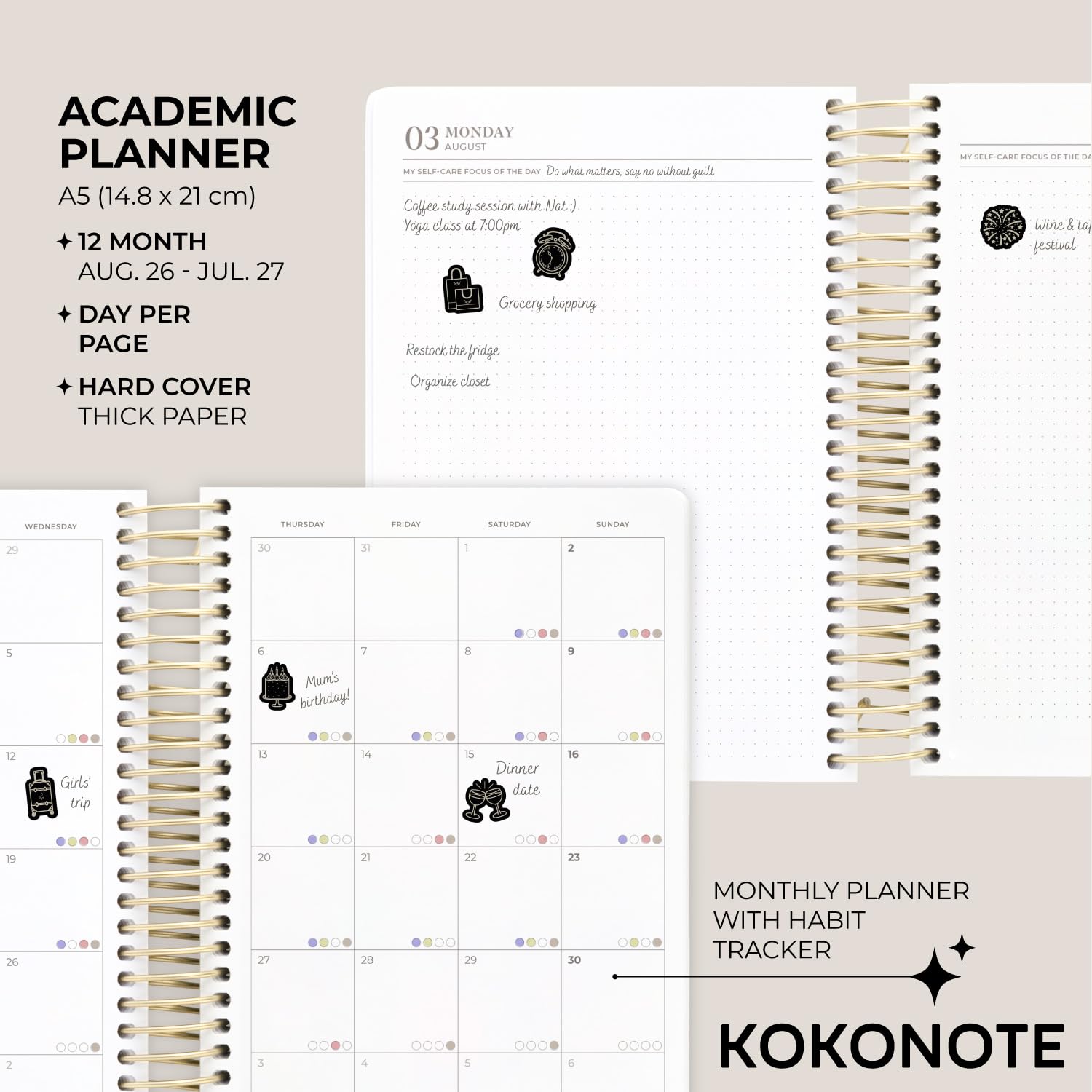 Kokonote A5 Academic Diary 2026-2027 Page a Day - Bitter Mocha | Student Planner | 100 gsm Paper