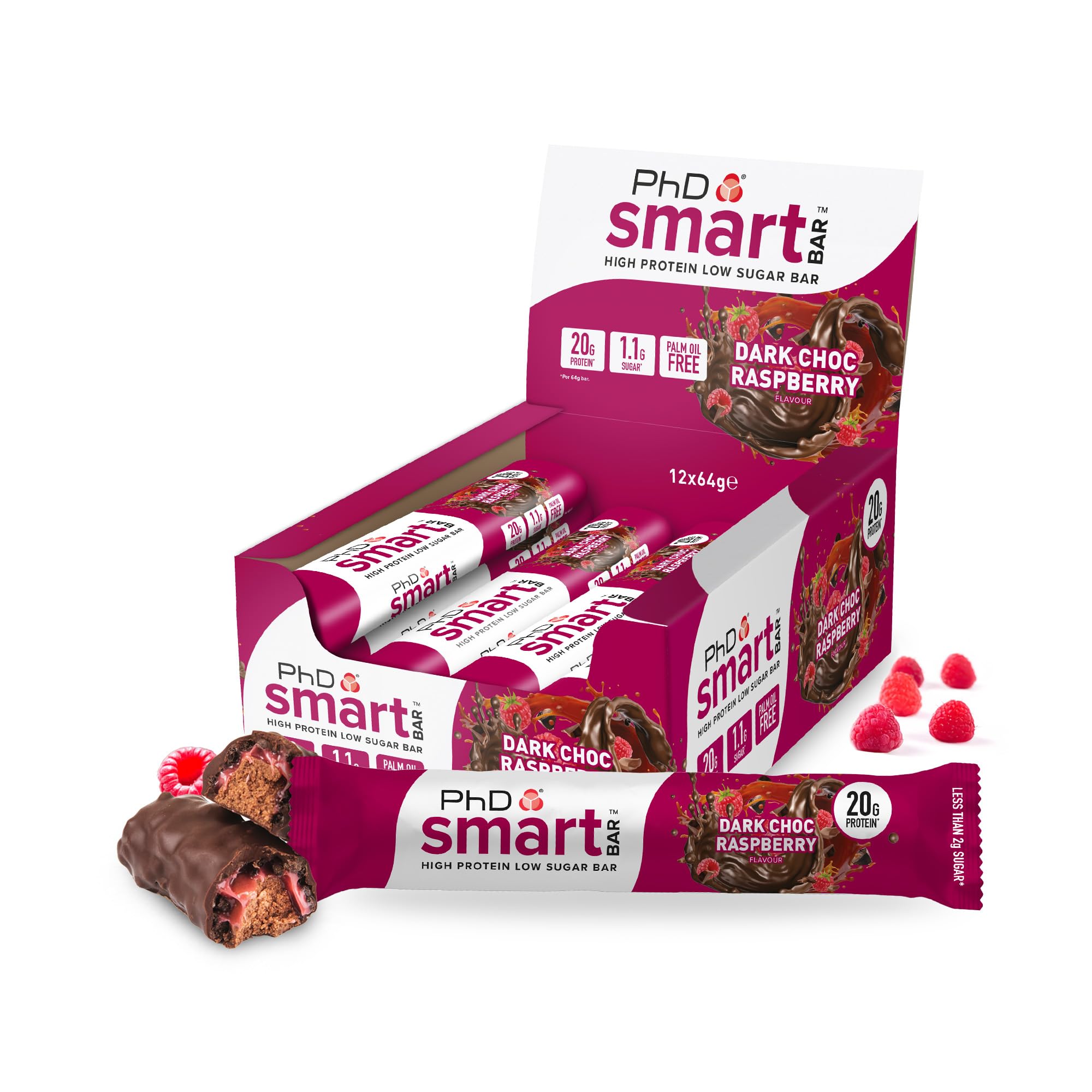 PhD Smart Protein Bar Low Sugar, Chocolate Raspberry Flavour, 21g Protein, 64g Bar (12 Pack)