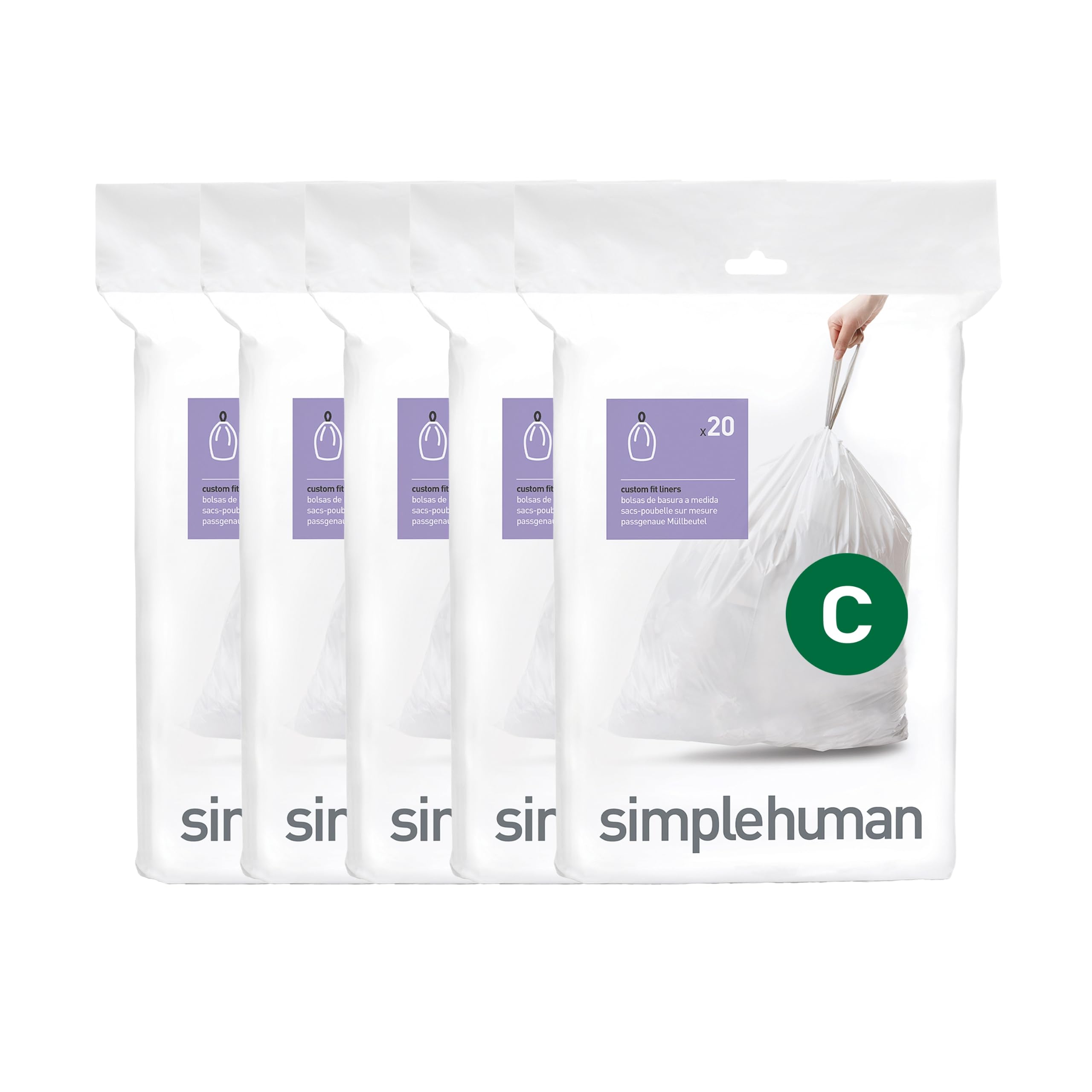 simplehuman Code C Bin Liners - Custom Fit, 50% Recycled Plastic, Drawstring Handles | 100 Count