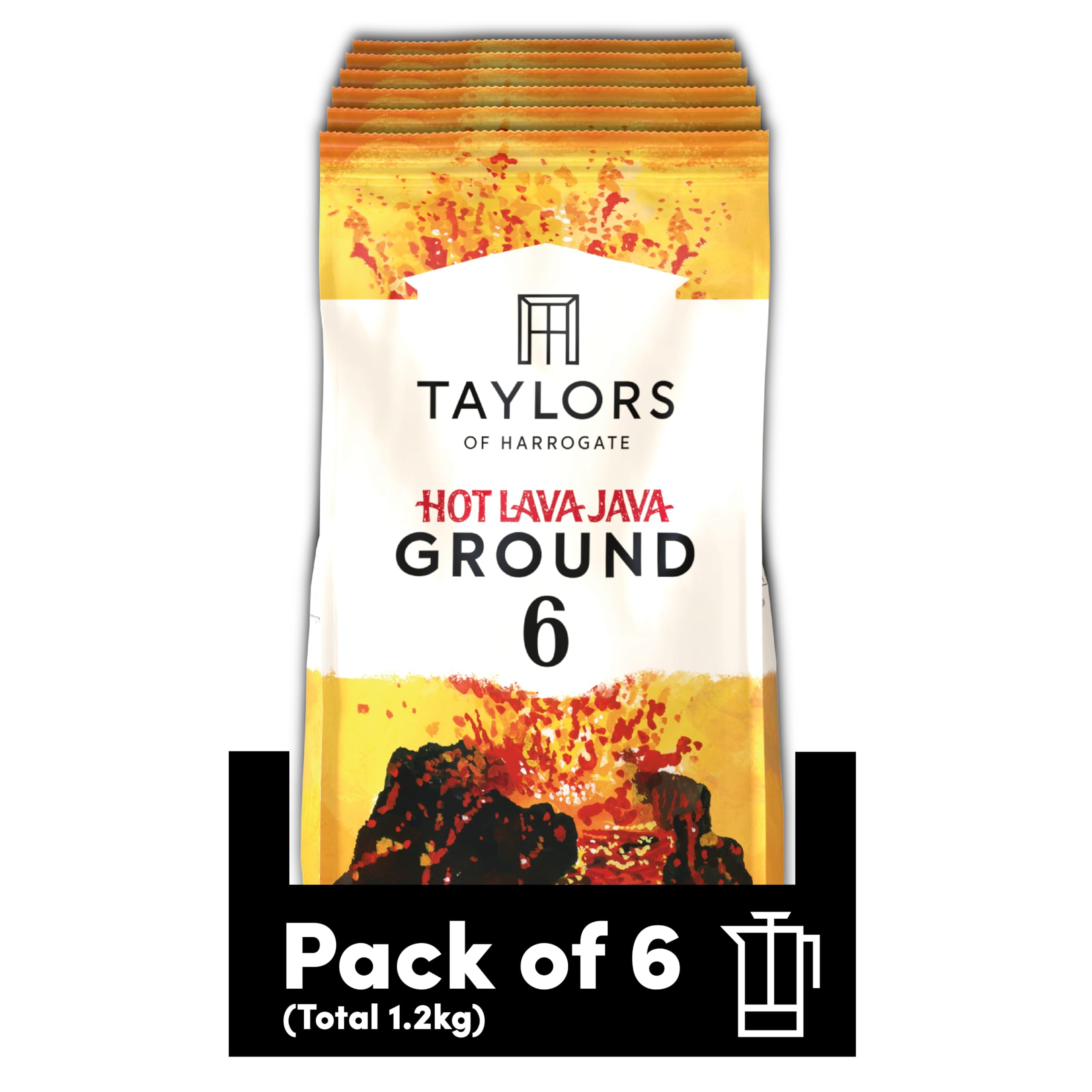 Taylors of Harrogate Hot Lava Java Ground Coffee - Extra Dark Roast, Smoky Notes | 200g Pack of 6 1