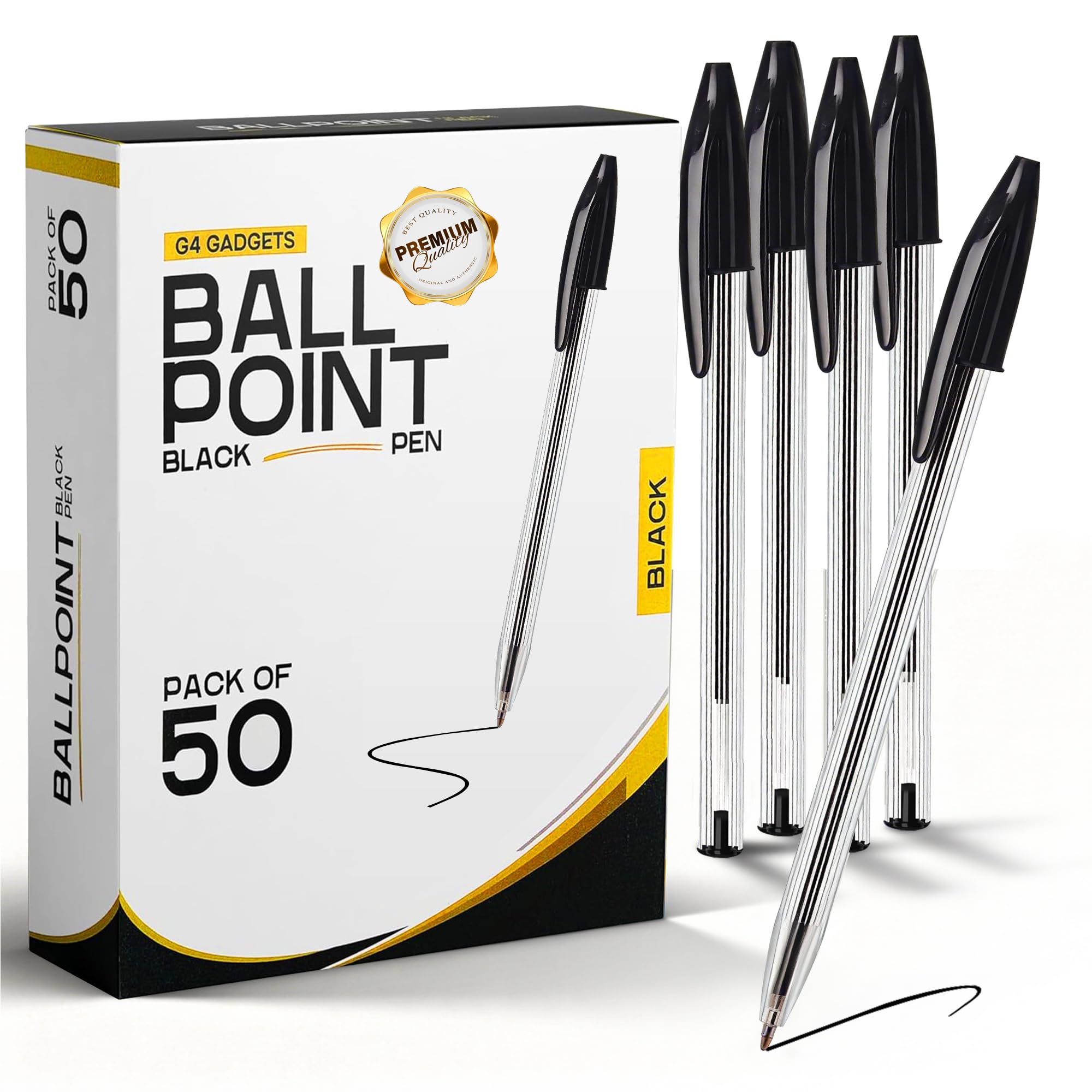 G4GADGET Pack of 50 Black Ballpoint Pens - Smooth Writing Medium Tip | Ergonomic Grip