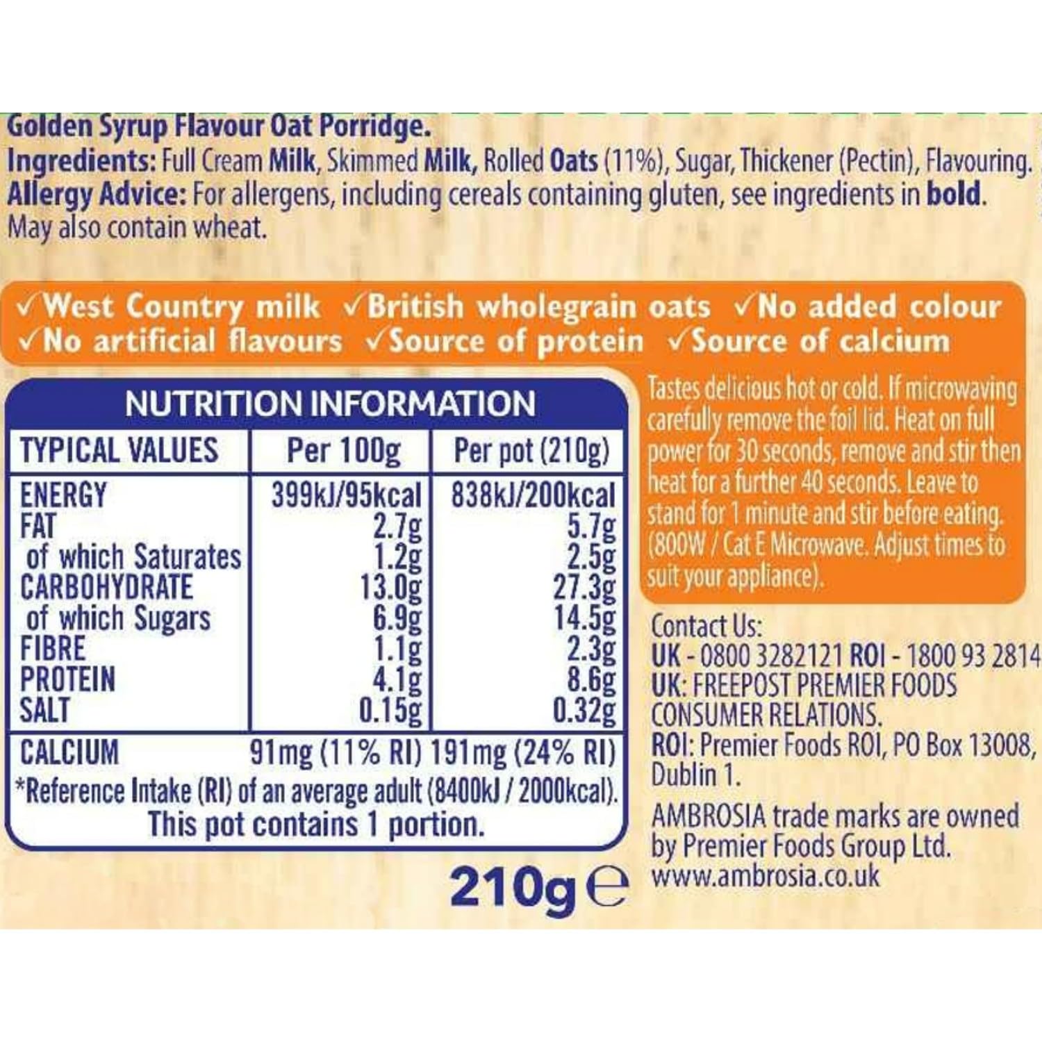 Ambrosia Golden Syrup Porridge Pots - 6 x 210g