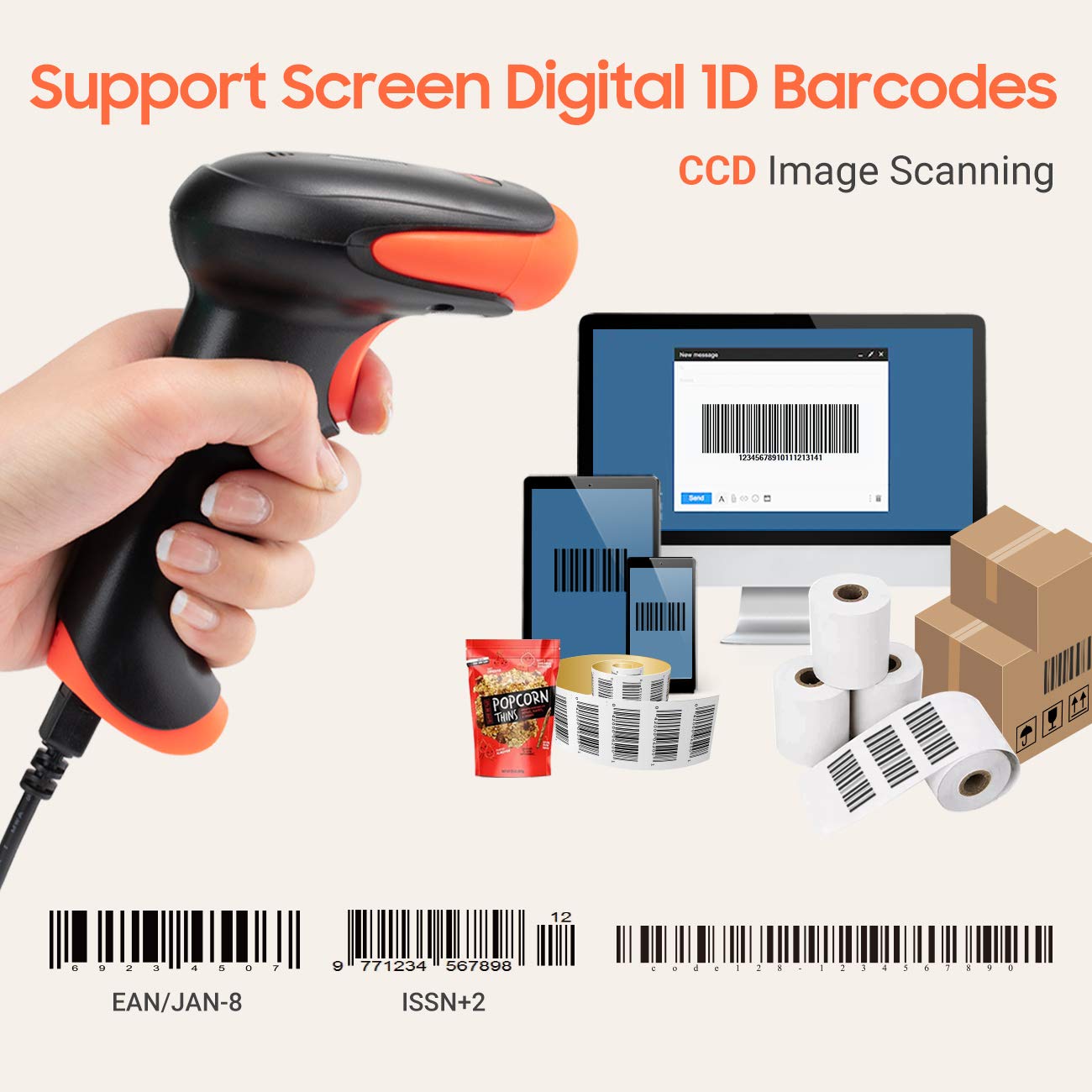 Tera 1500C CCD USB Wired 1D Barcode Scanner | 1500 Pixel Imaging | Reads Screen & Paper 3