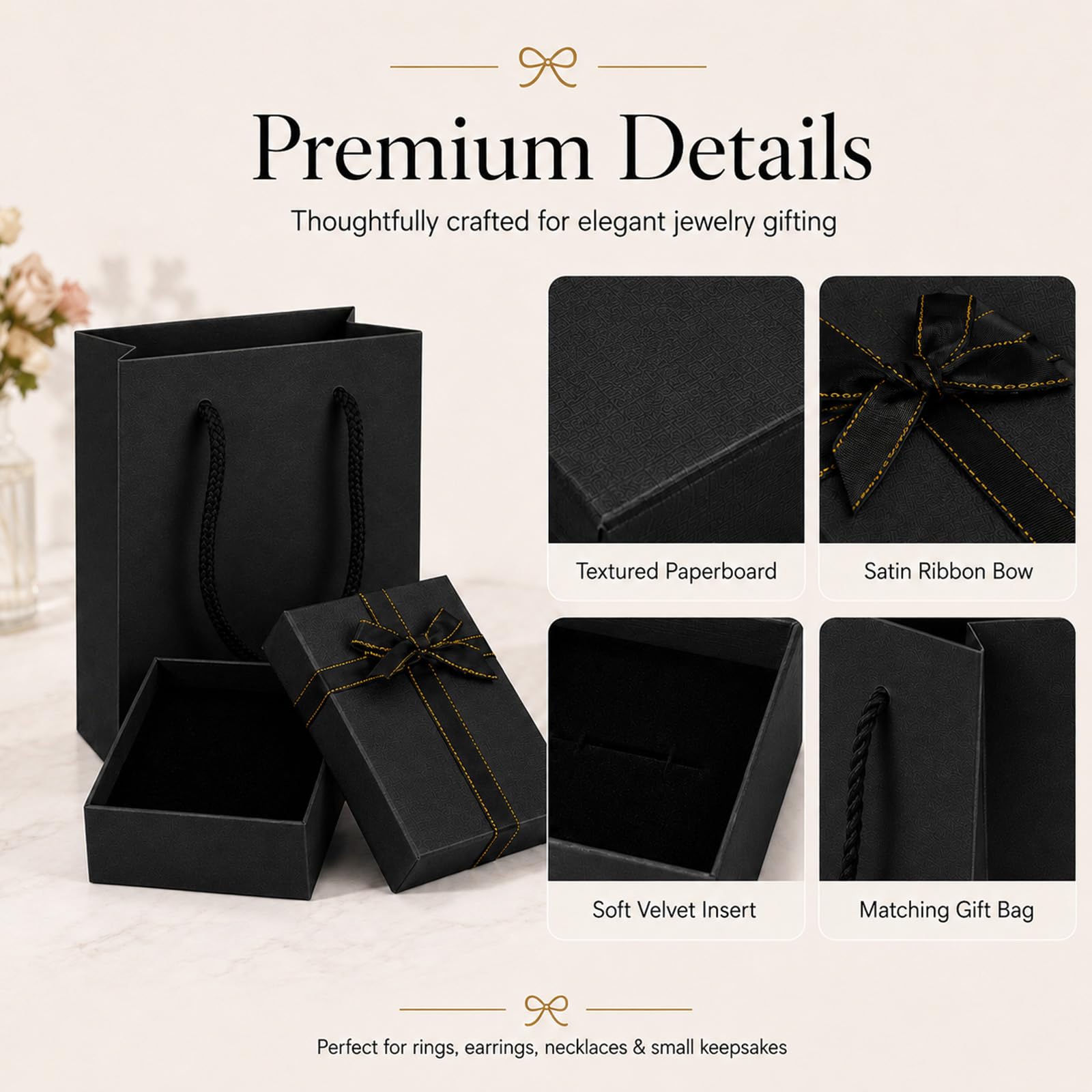 Admygo Premium Black Jewelry Gift Box and Paper Bag Set | 7x9x3cm Box | Includes Ribbon Bow 4